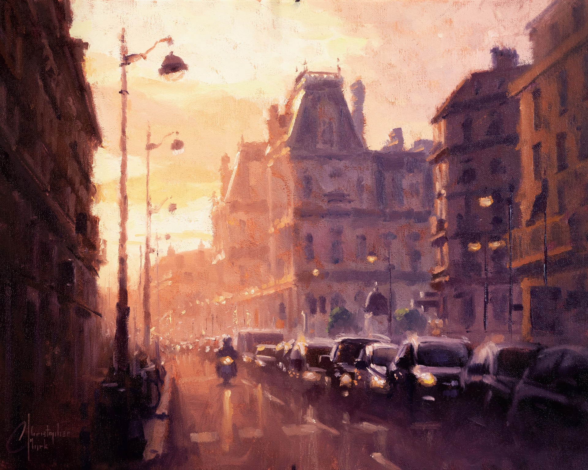 A moody, atmospheric street scene rendered in warm, hazy tones.