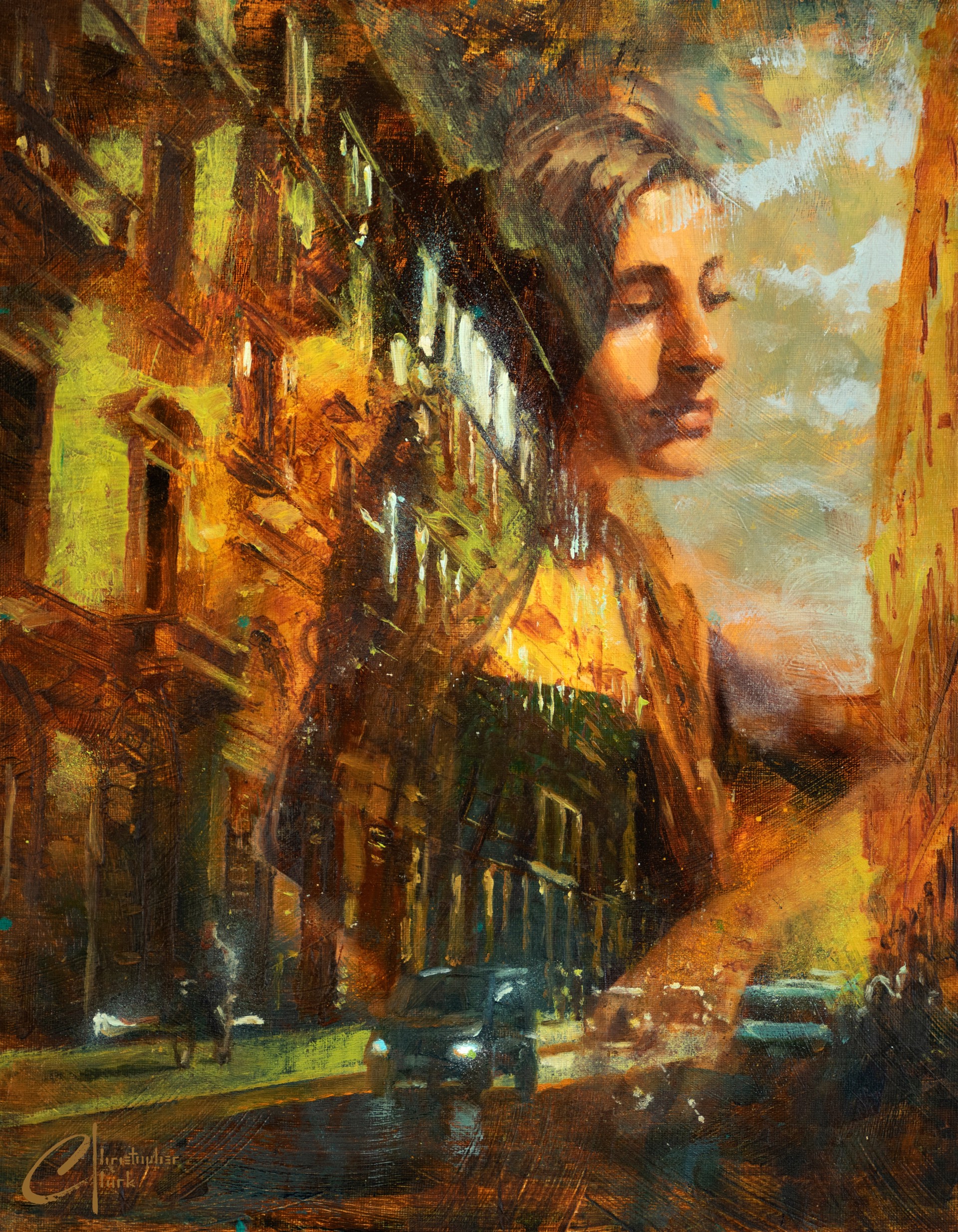 A painting of a woman walking down a city street.