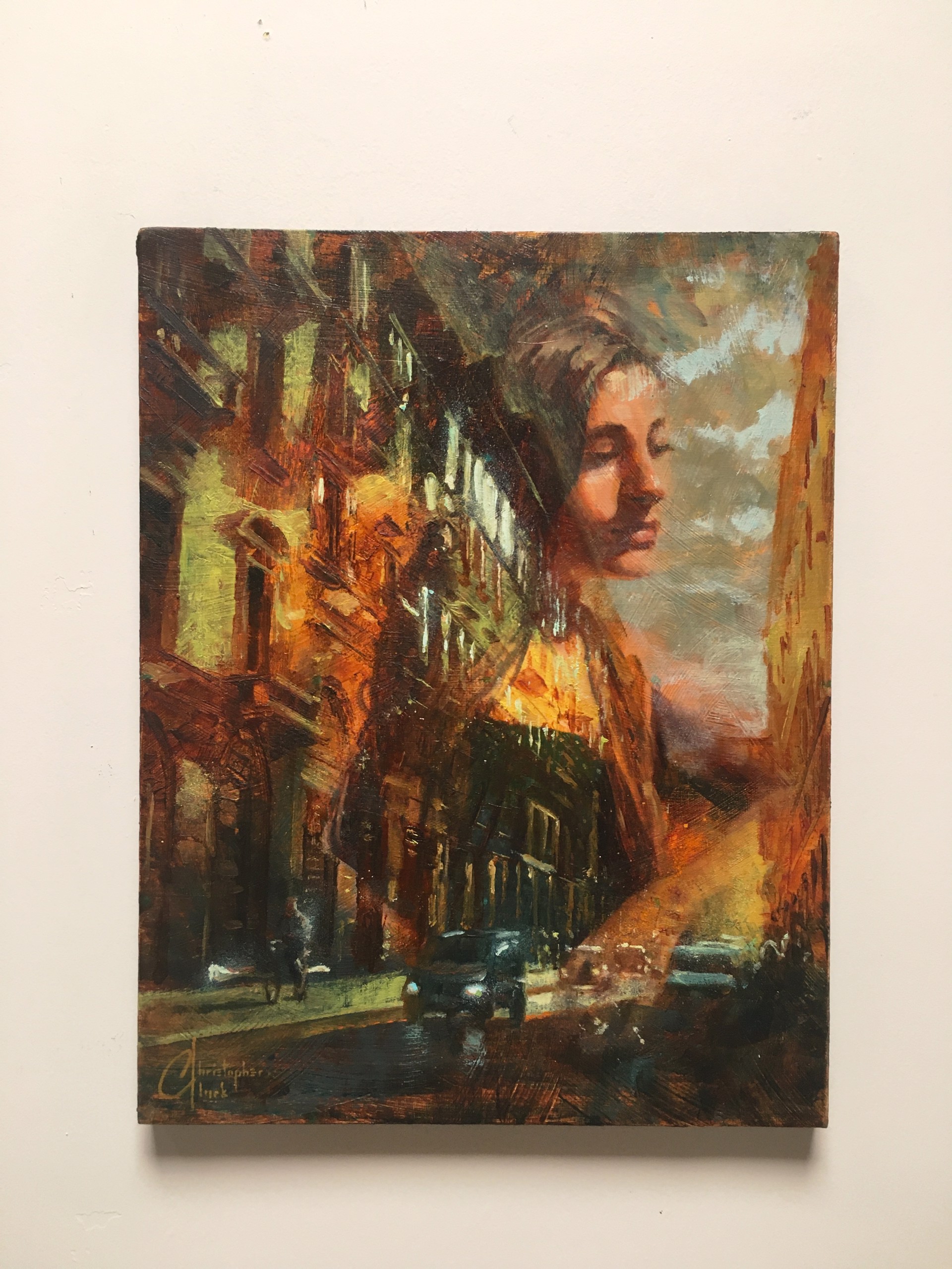 A painting of a woman walking down a city street.