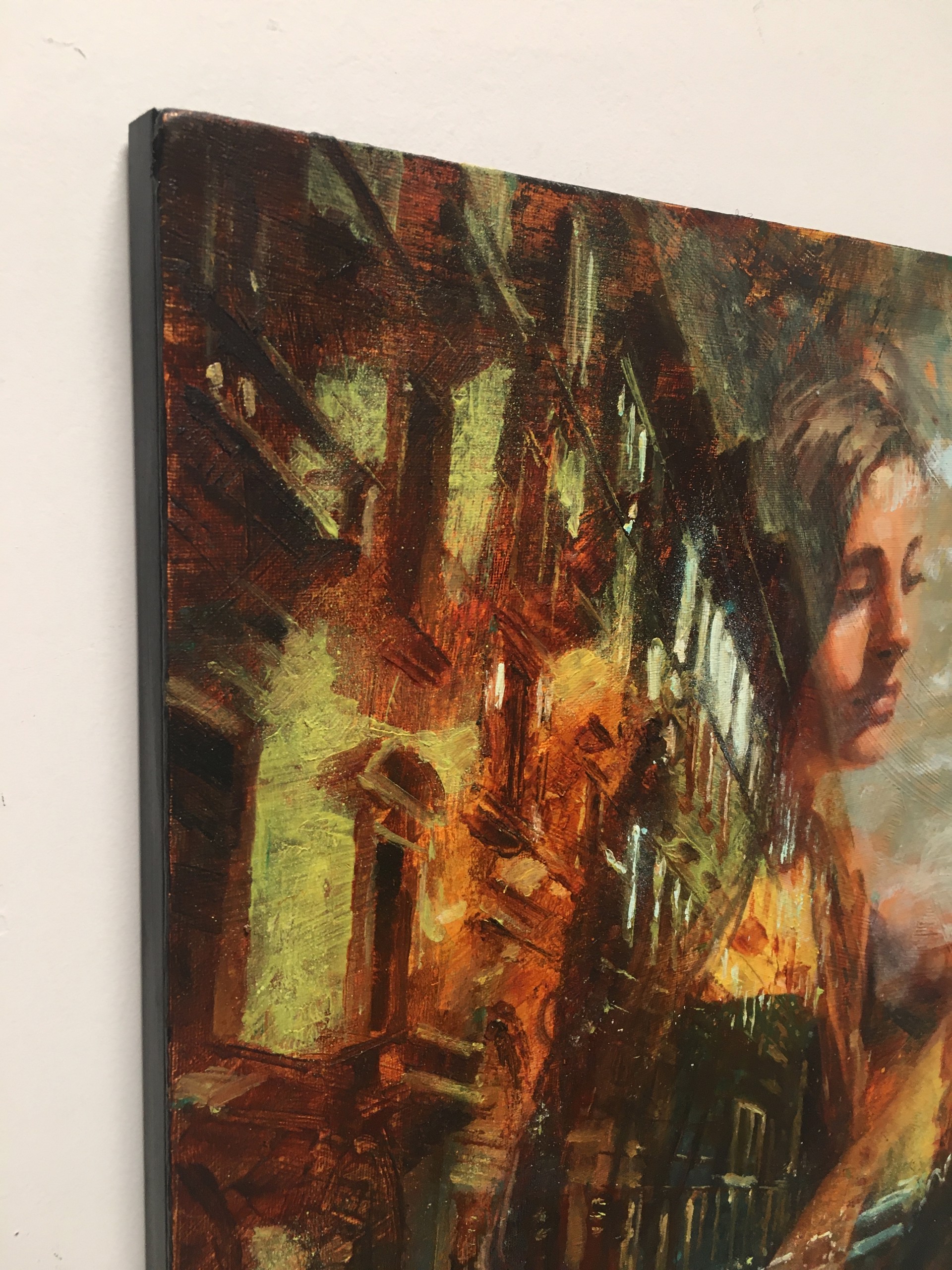 A painting of a woman walking down a city street.