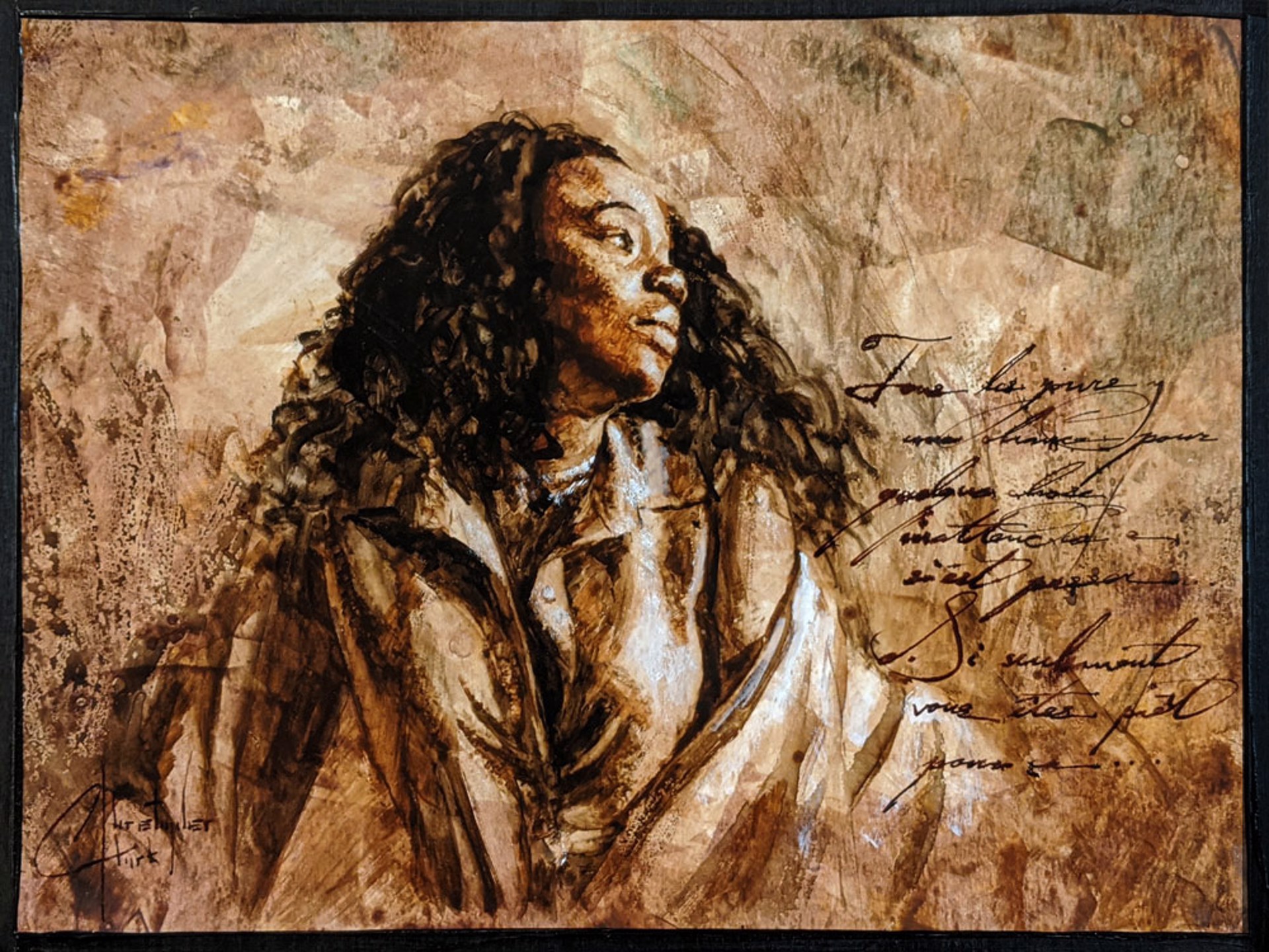 A painting of a woman with long curly hair.