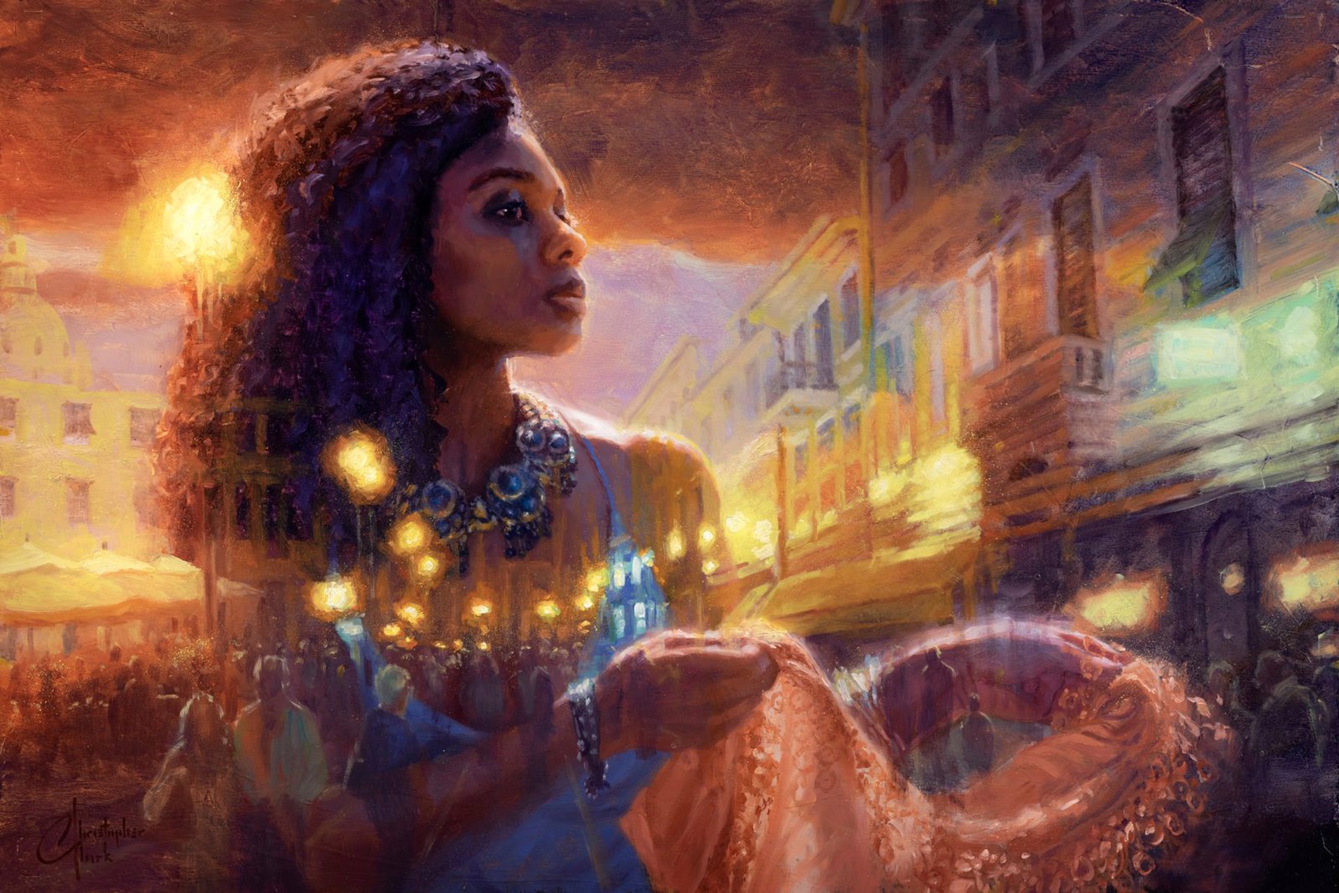 A painting of a woman in a city at night.
