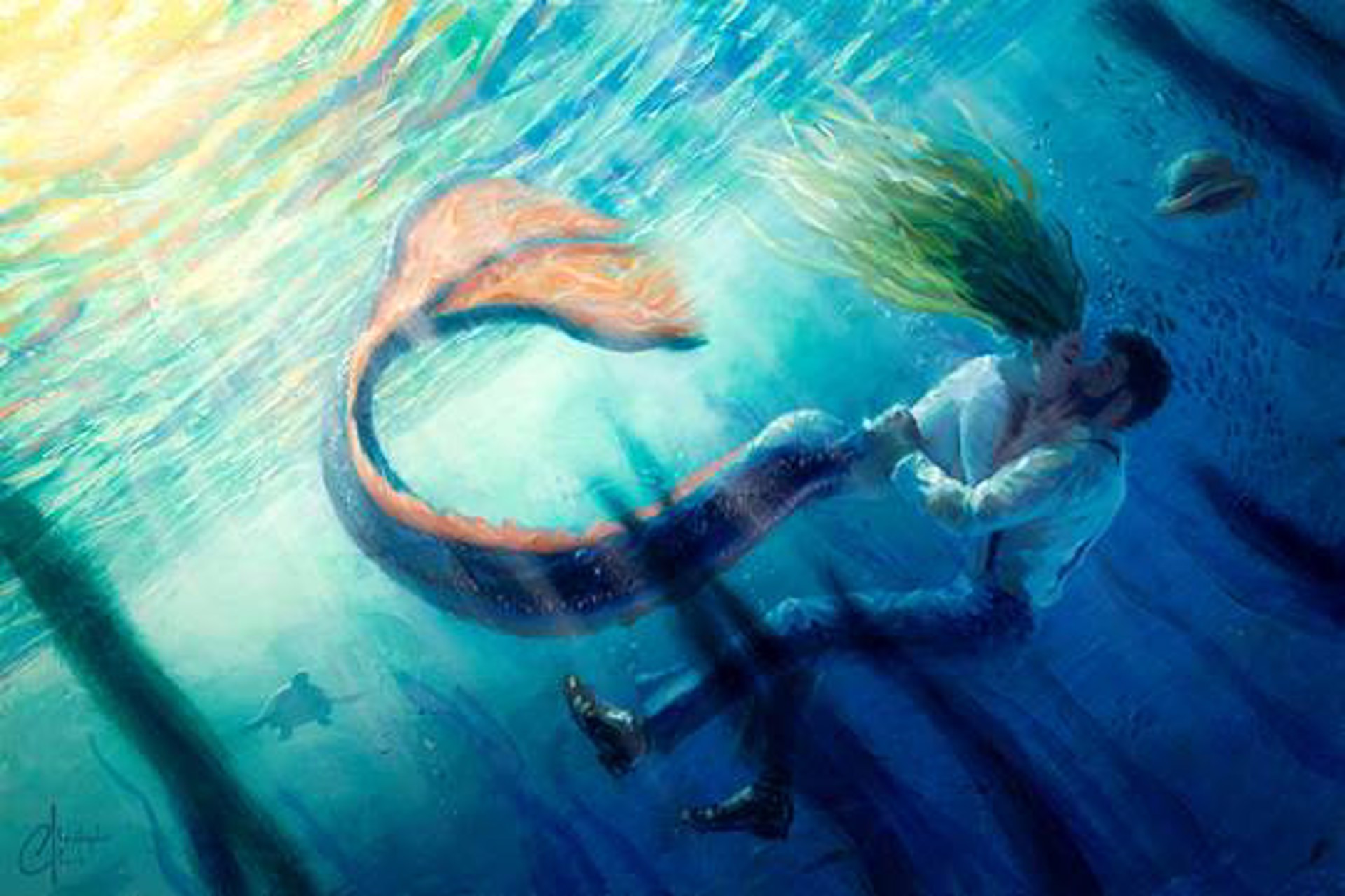 A surreal underwater scene where a human figure embraces a mermaid.