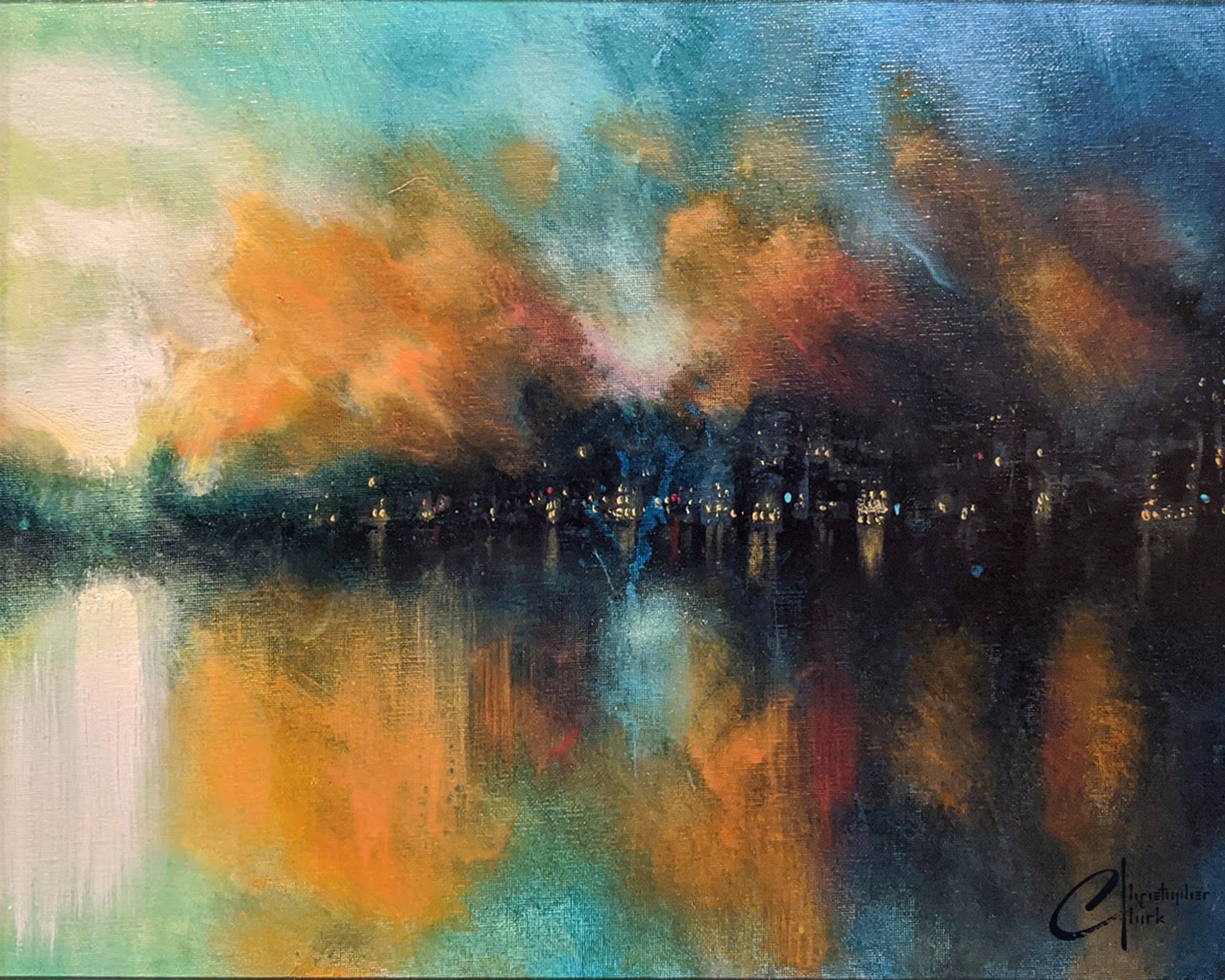 A moody abstract landscape painting of a city skyline reflected in water.