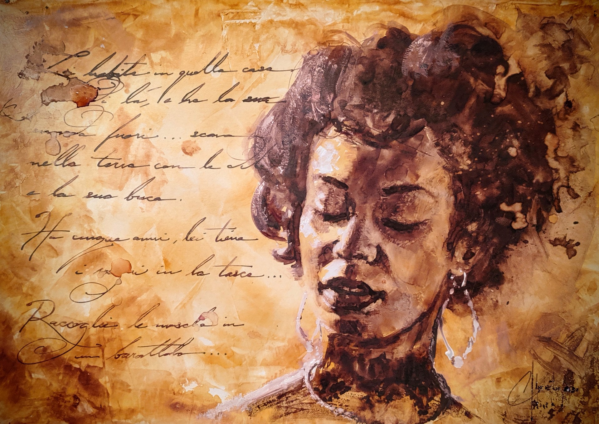 A painting of a woman with her eyes closed and a poem written on it.