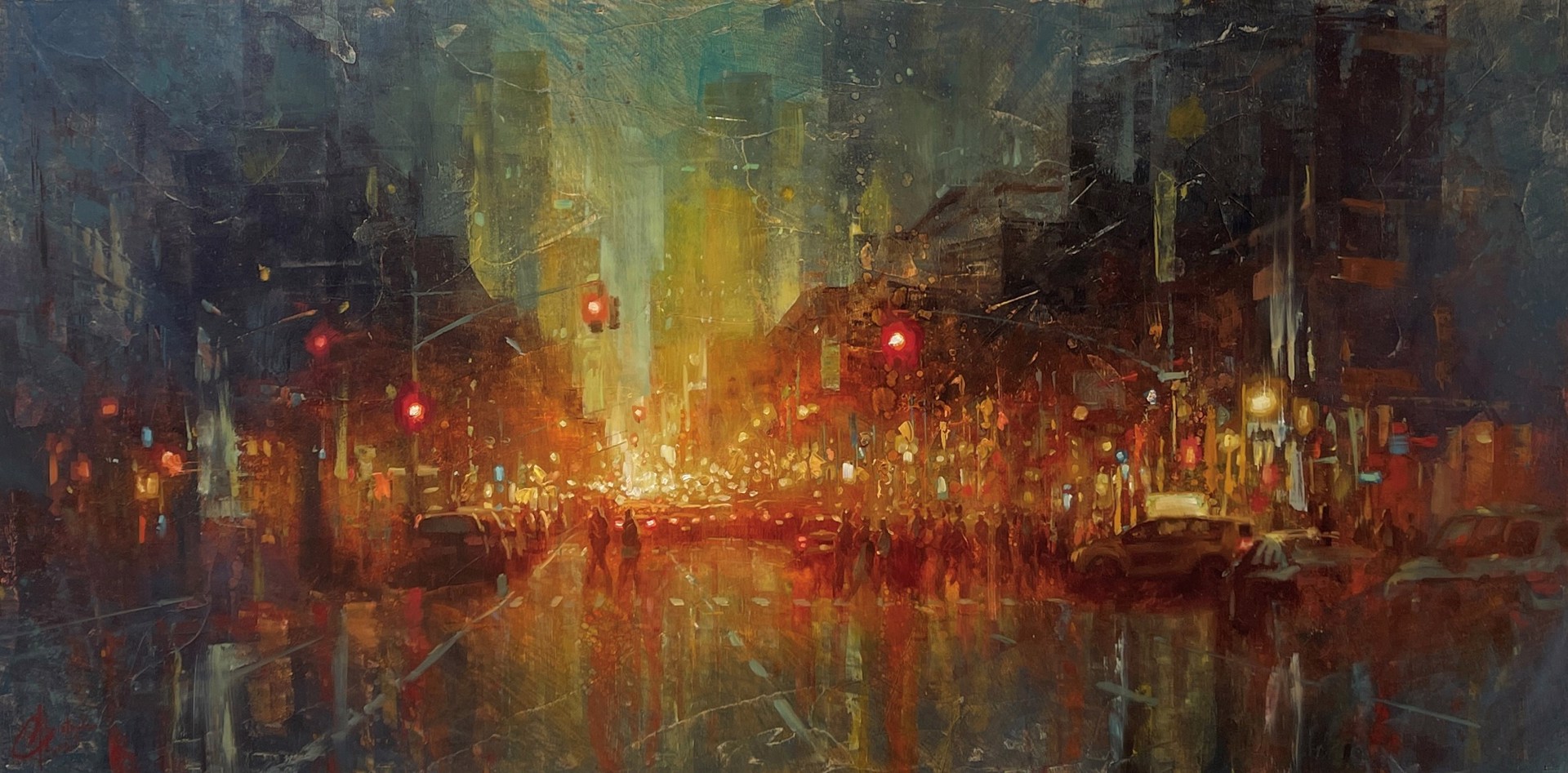 A painting of a city street at night.