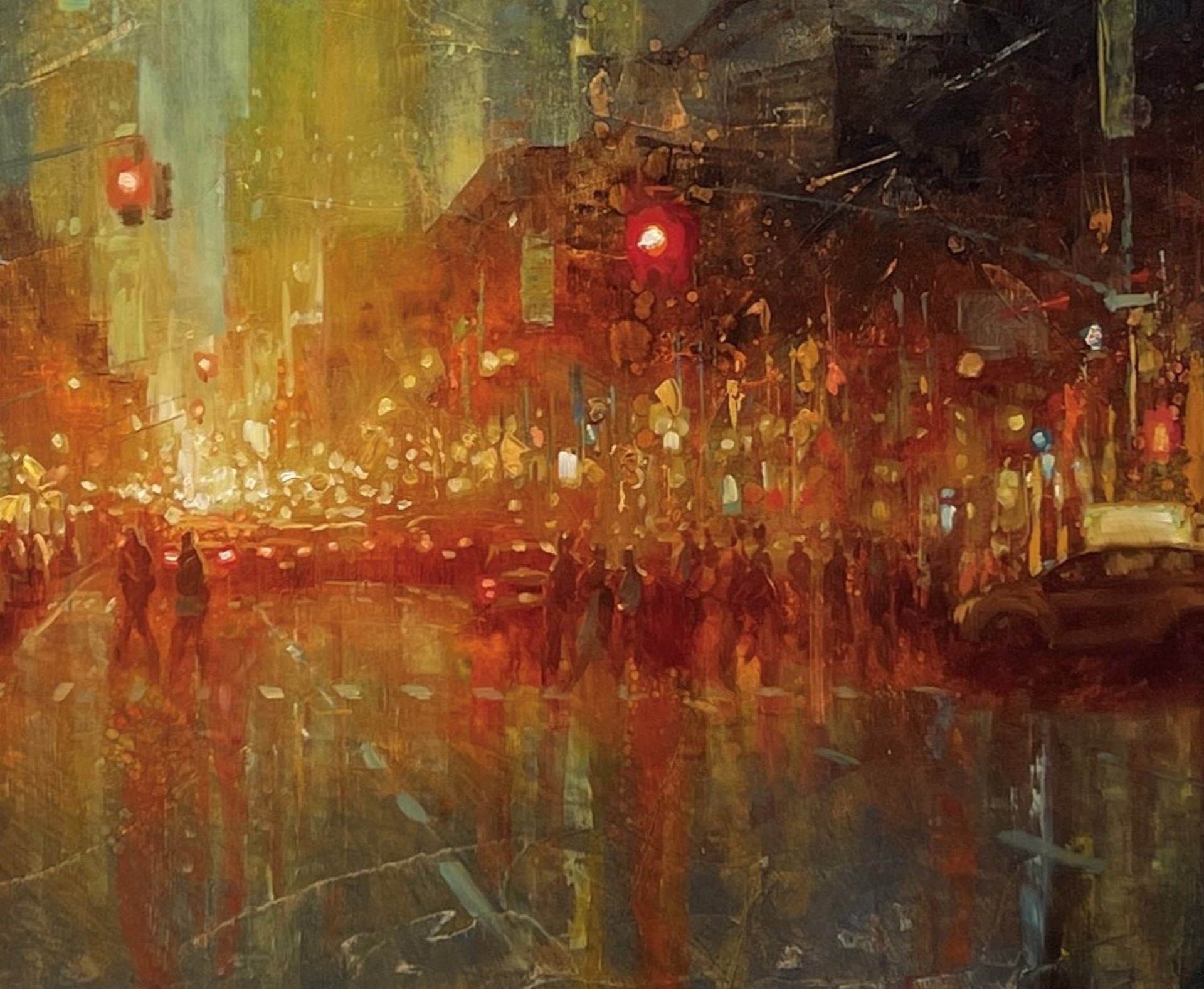 A painting of a city street at night.