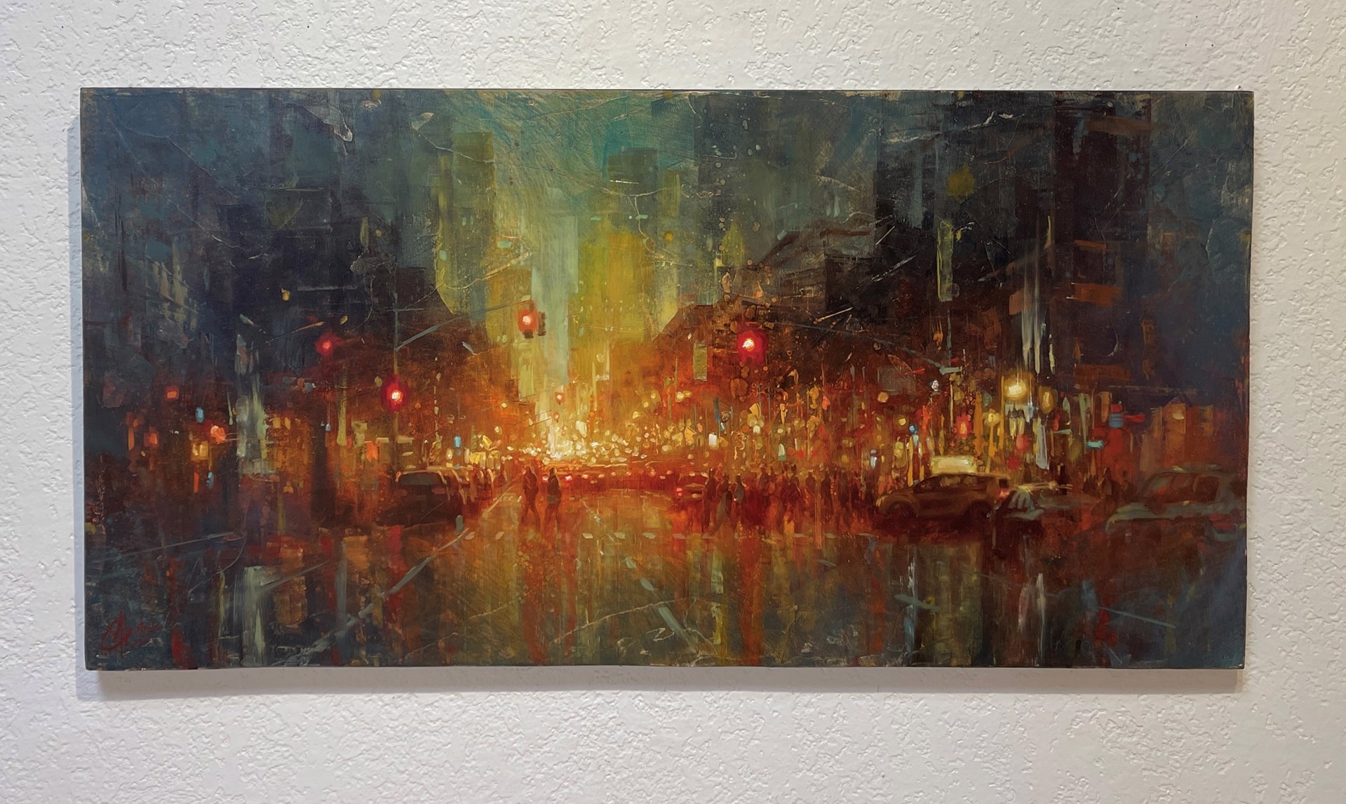 A painting of a city street at night.