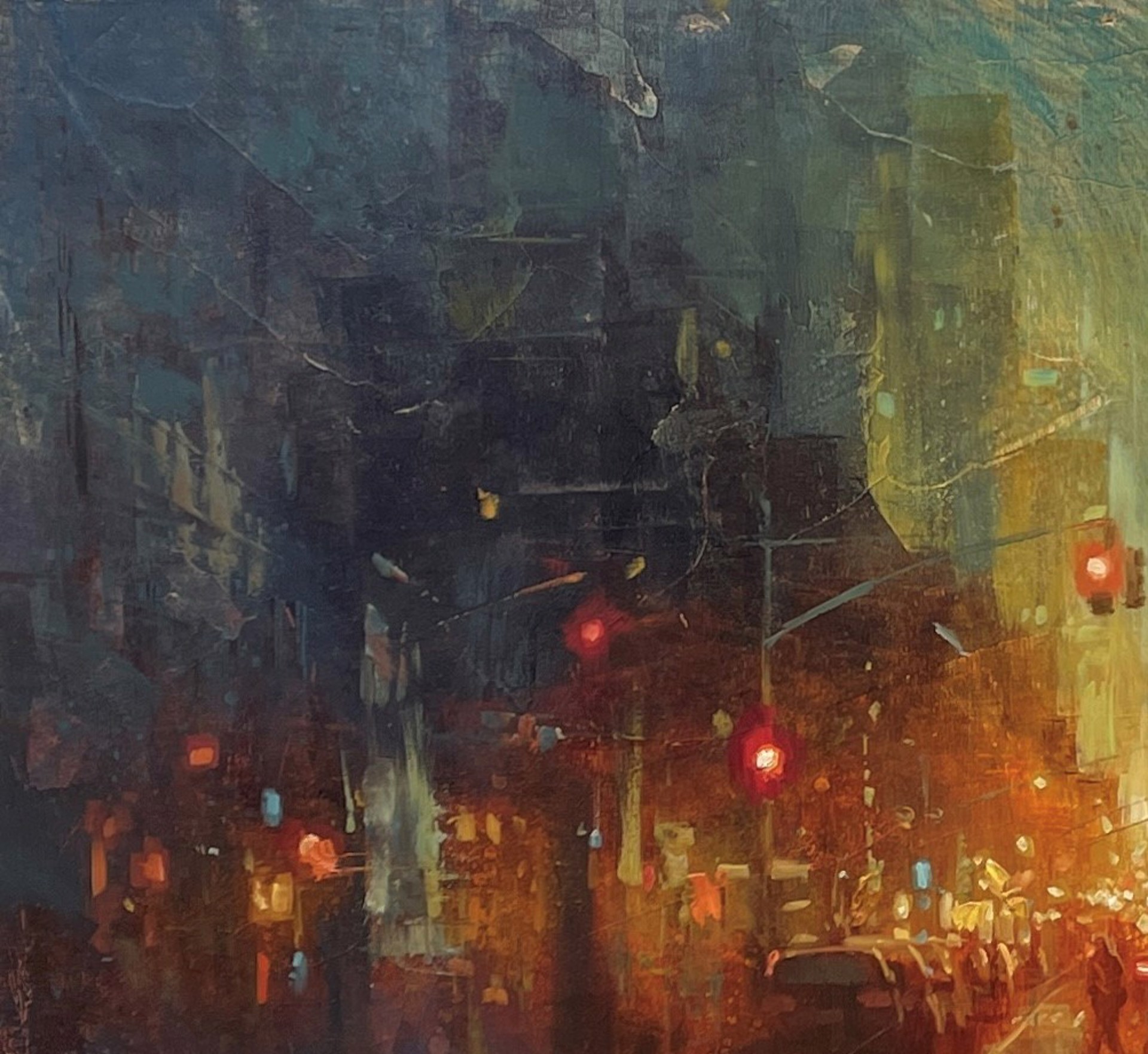 A painting of a city street at night.