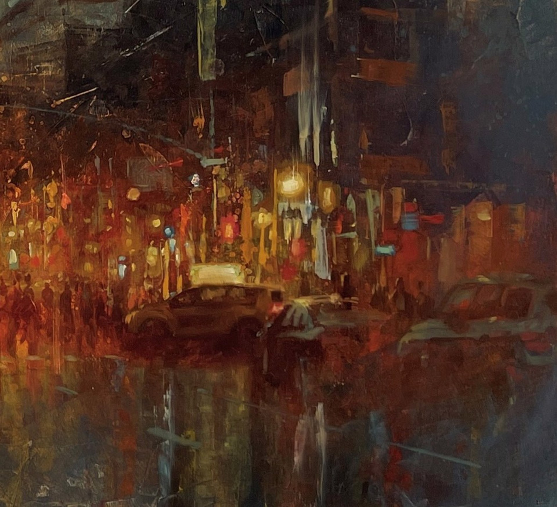 A painting of a city street at night.