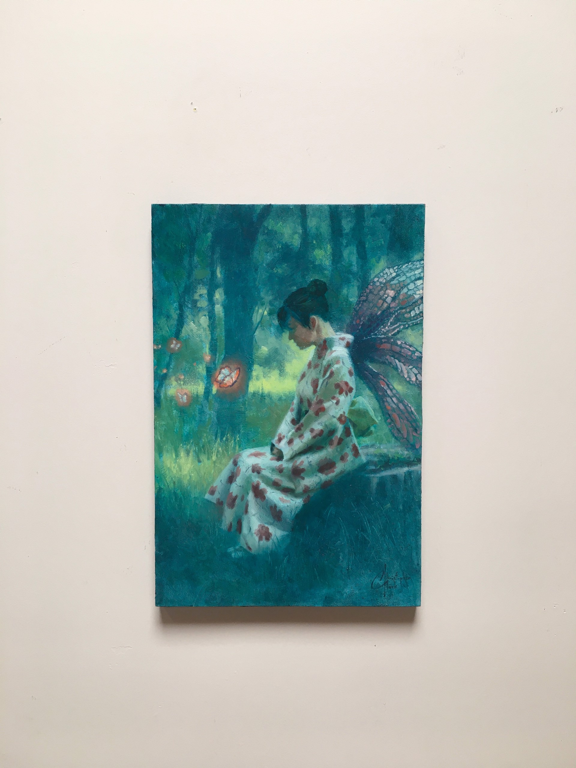 A painting of a woman sitting on a bench in the woods.