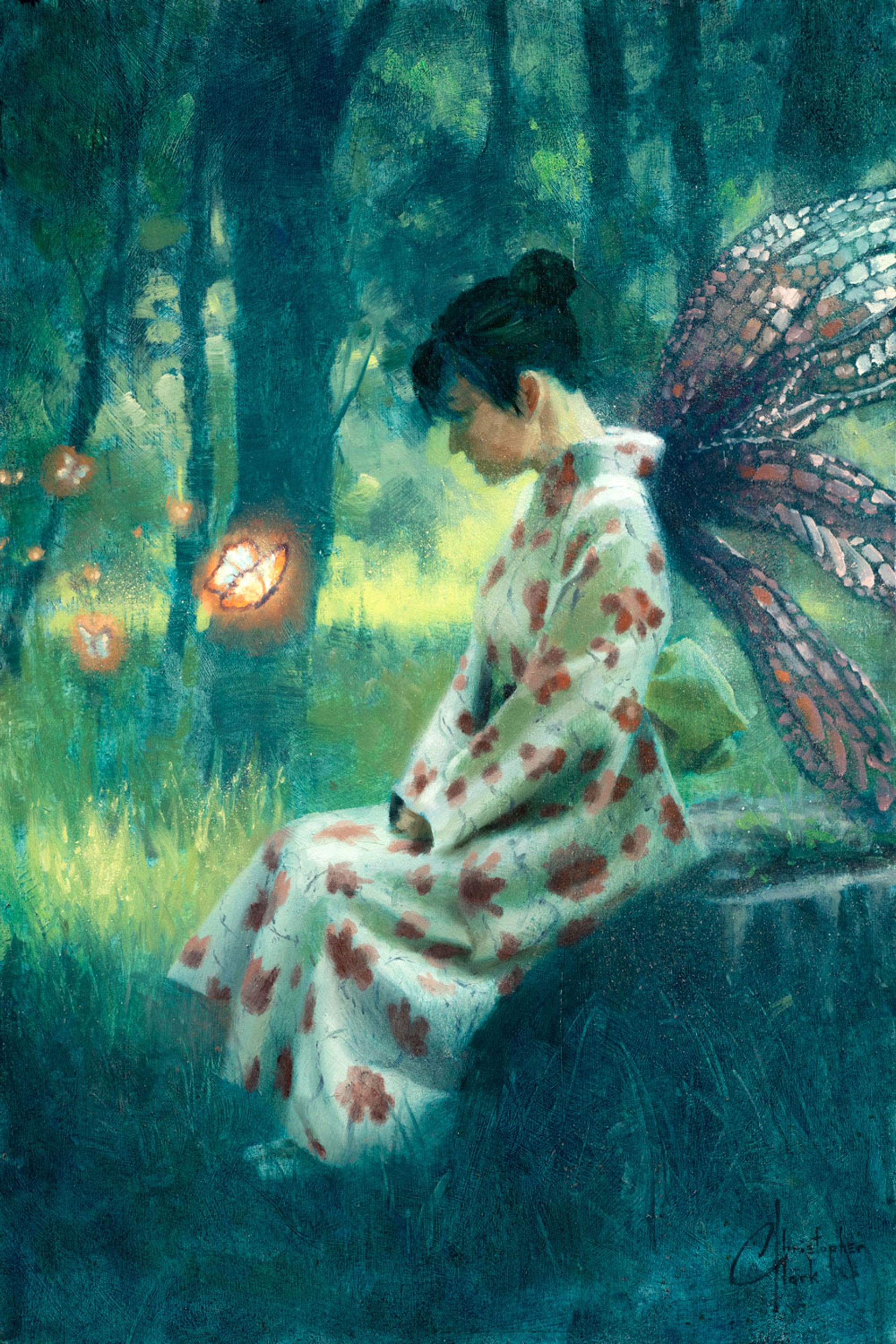 A painting of a woman sitting on a bench in the woods.