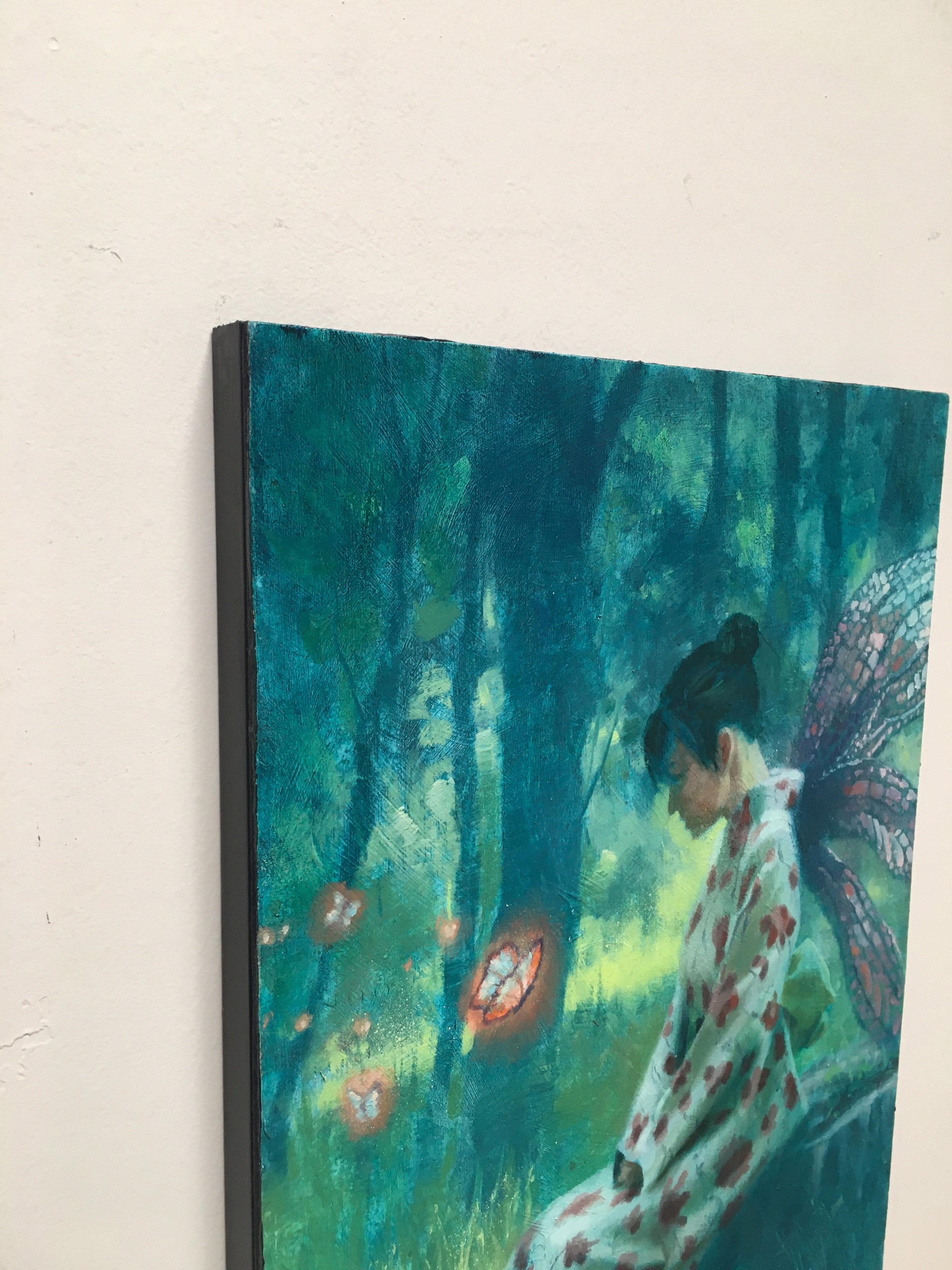 A painting of a woman sitting on a bench in the woods.