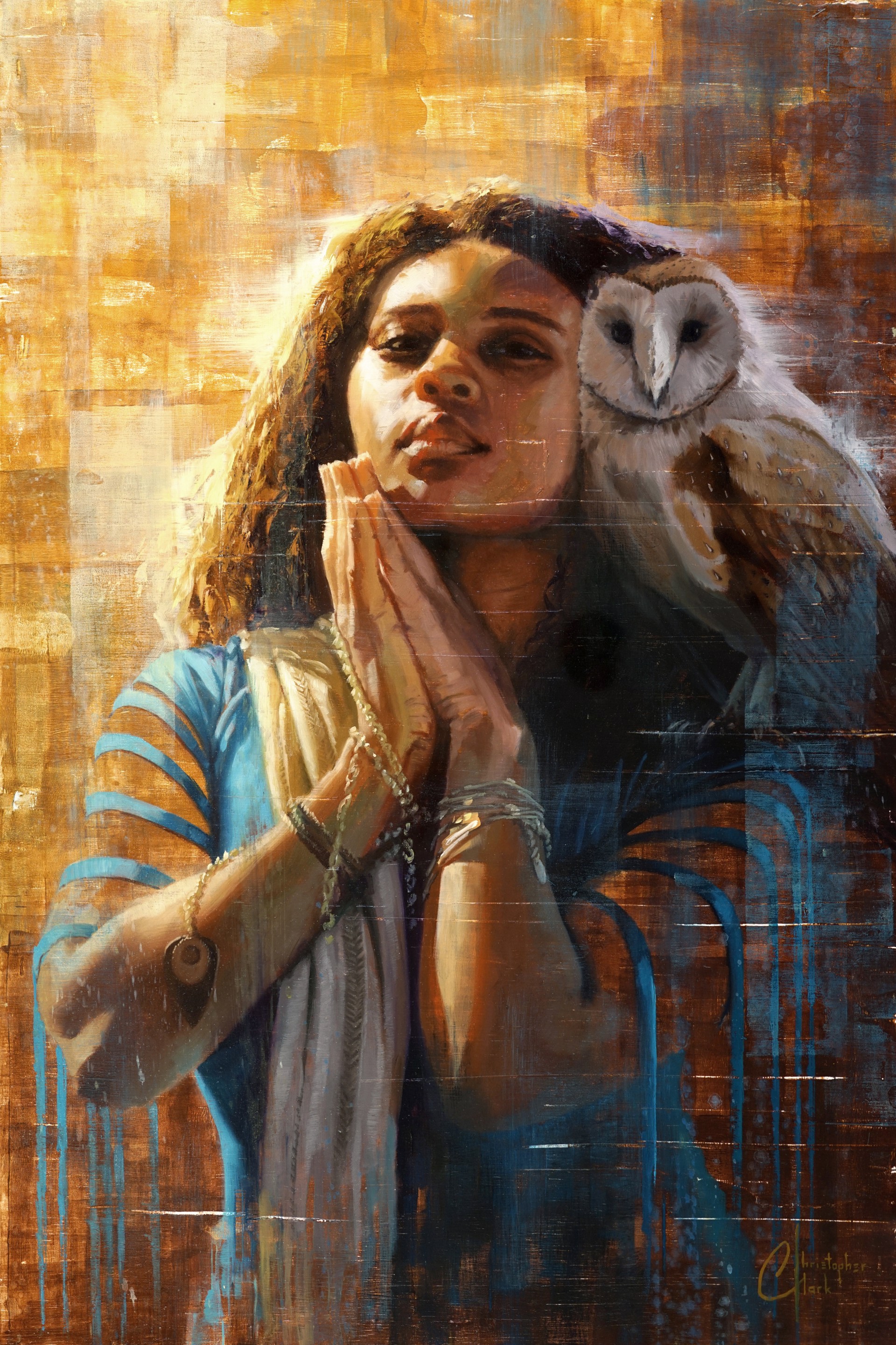 A painting of a woman holding an owl on her shoulder.
