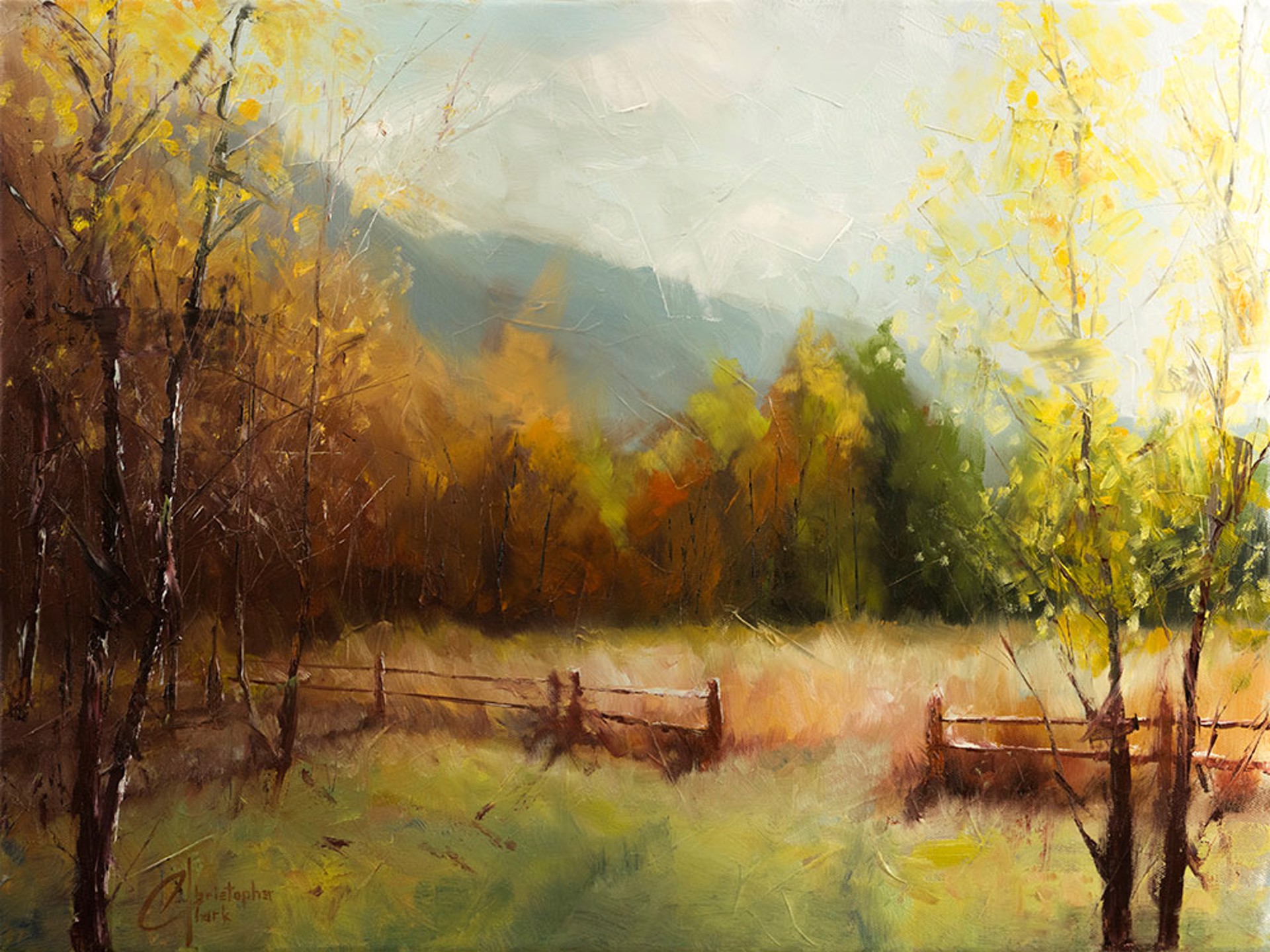 A painterly landscape of an autumnal meadow with a wooden fence, framed by trees and distant mountains.