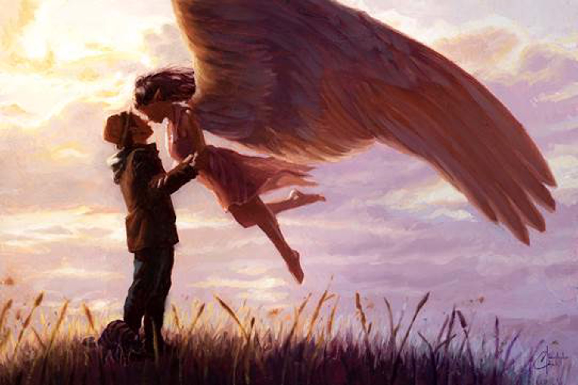 A tender moment between a standing figure and a winged figure in a grassy field at sunset.