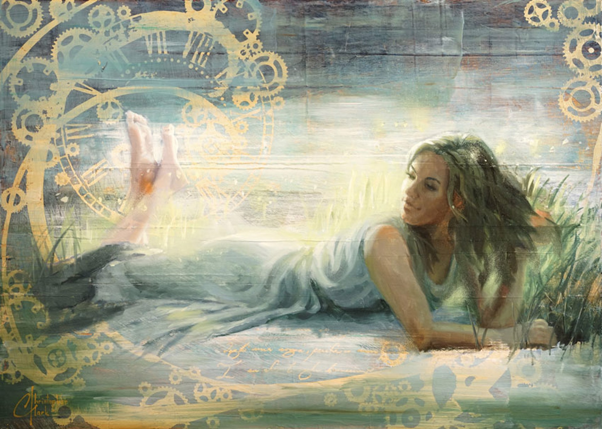 A dreamy digital painting of a figure lying on grass with floating mechanical gears and celestial symbols.