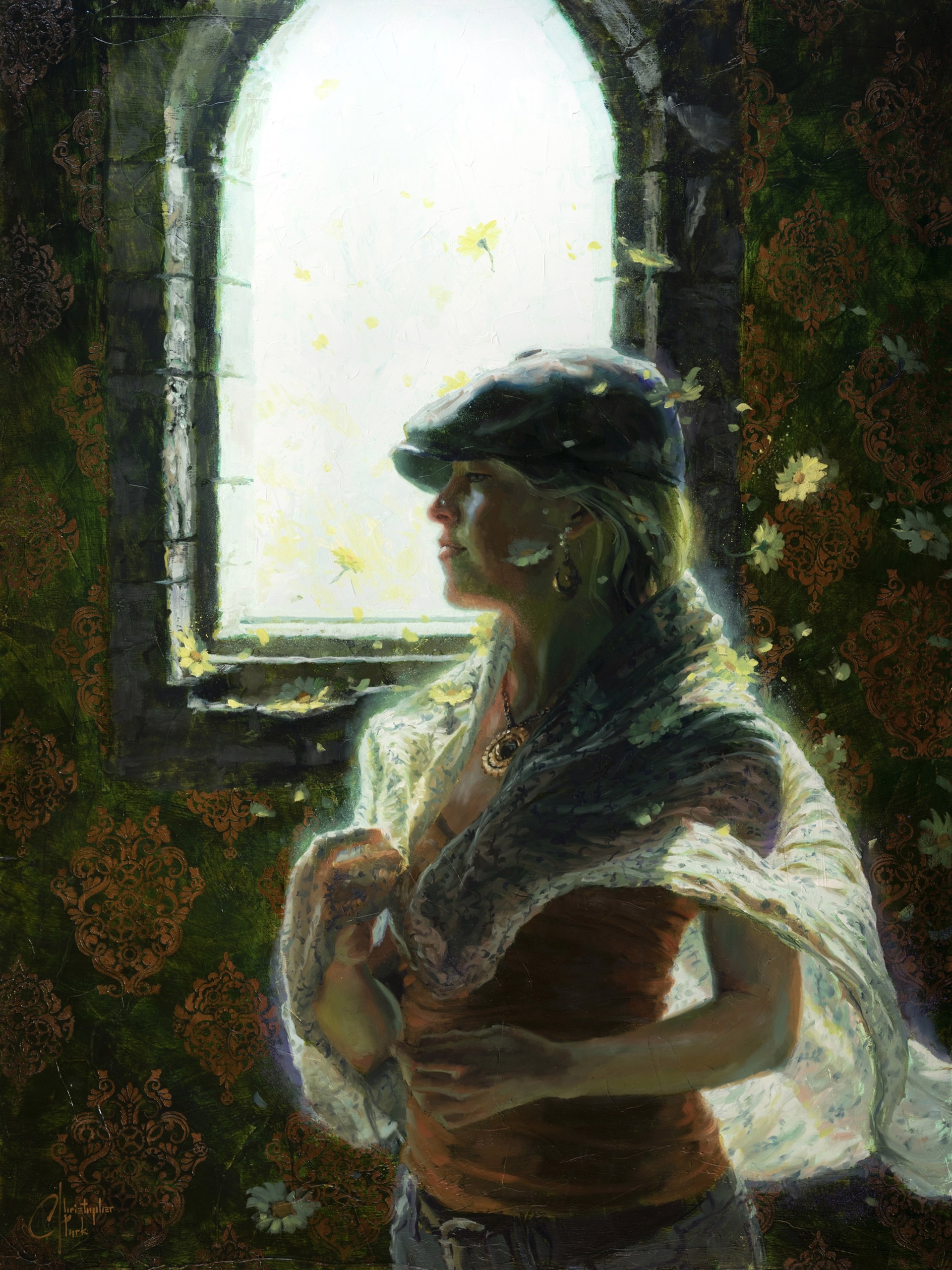 A painting of a woman standing in front of a window.