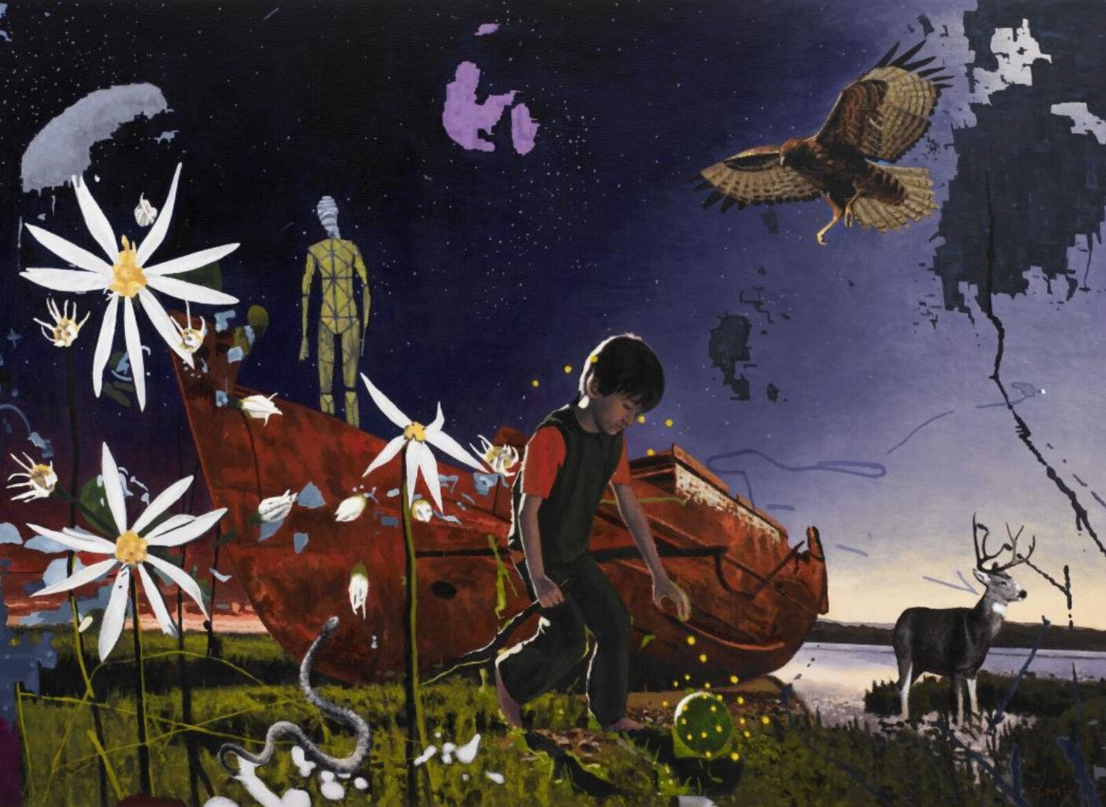 A painting of a boy walking in a field next to a boat.