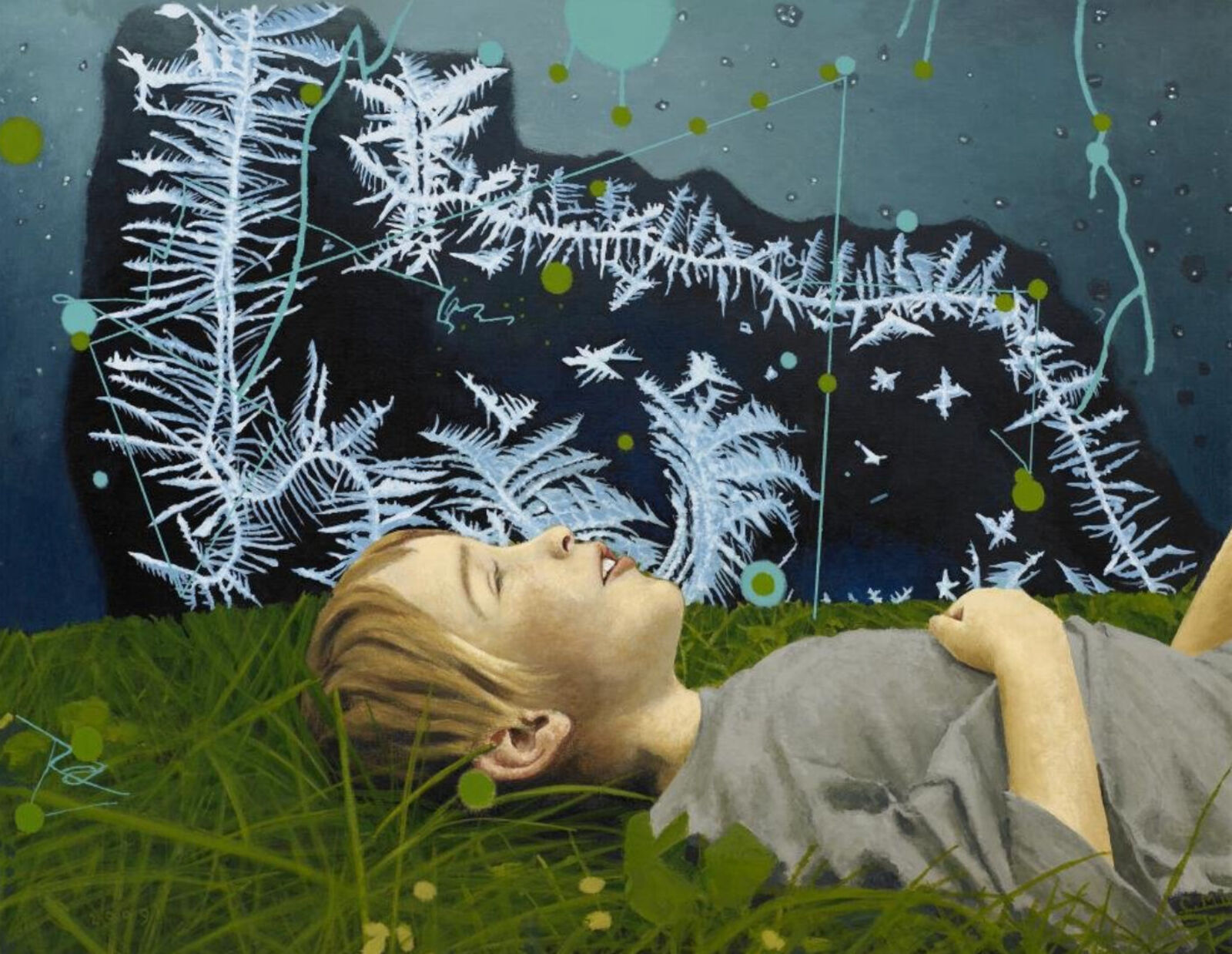 A painting of a boy laying in the grass with his eyes closed.
