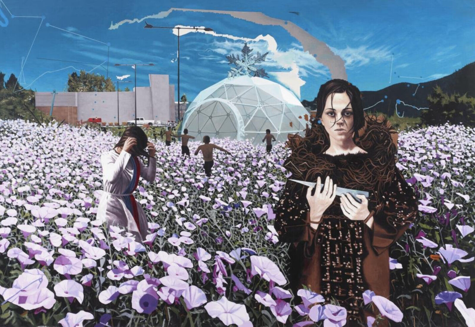 A painting of a woman standing in a field of flowers.