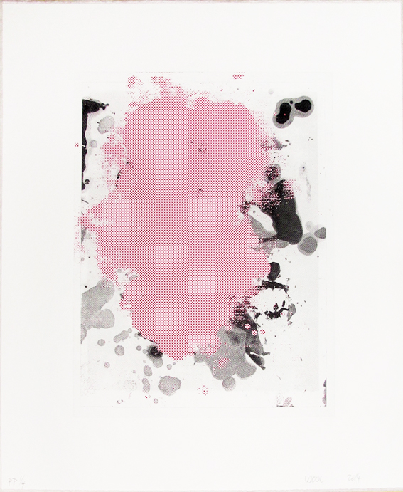 A pink and black ink splatter on a white background.