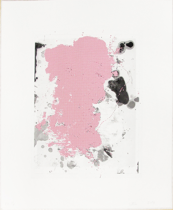 A picture of a pink and black painting on a white wall.