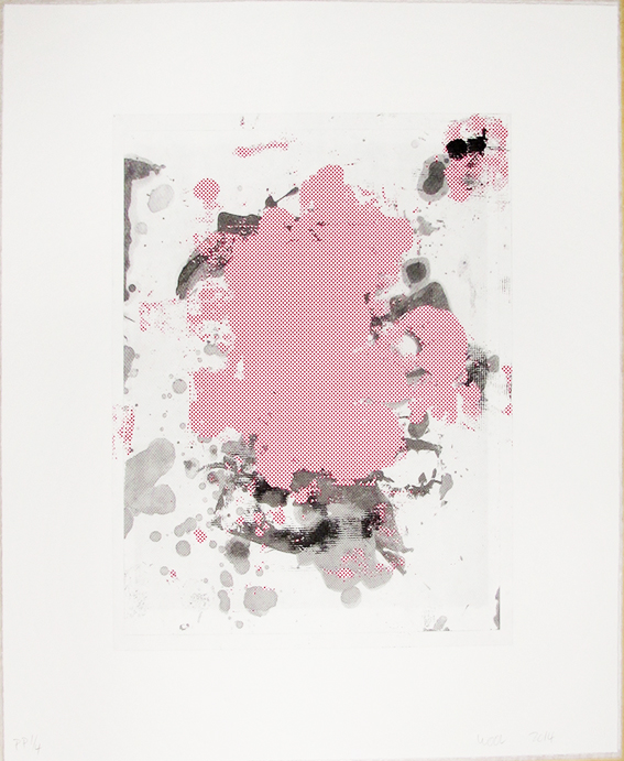 A picture of a pink and black painting on a white wall.