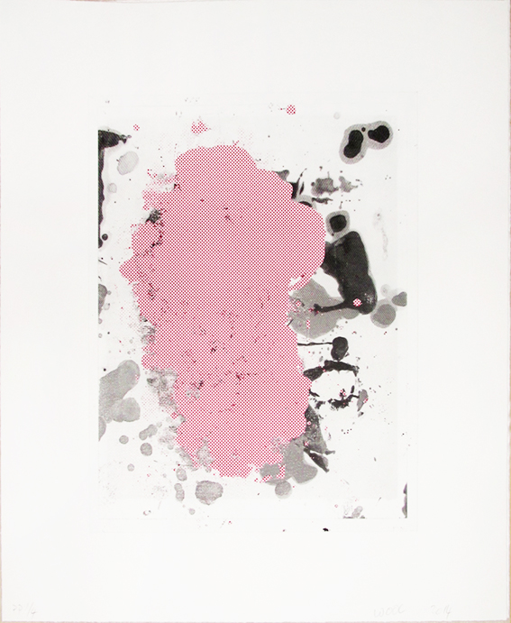 A black and white painting with a pink dot on it.