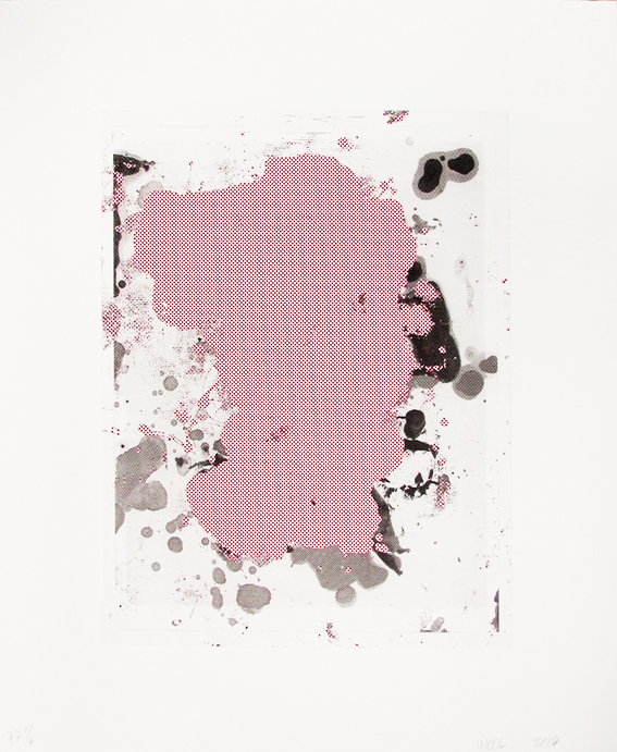 A red and black print on a white wall.