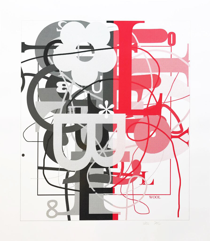 A black and white poster with red and black shapes on it.