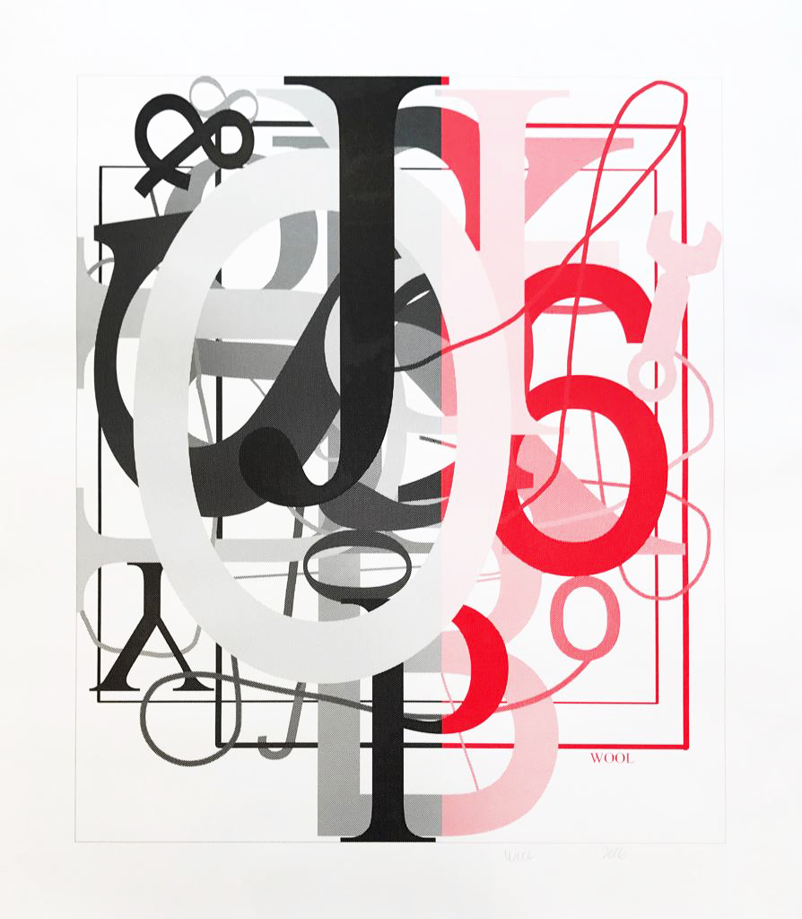 A black and white poster with red and black letters.