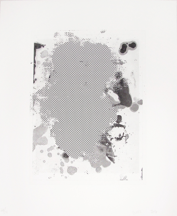A black and white image of a black and gray abstract painting.