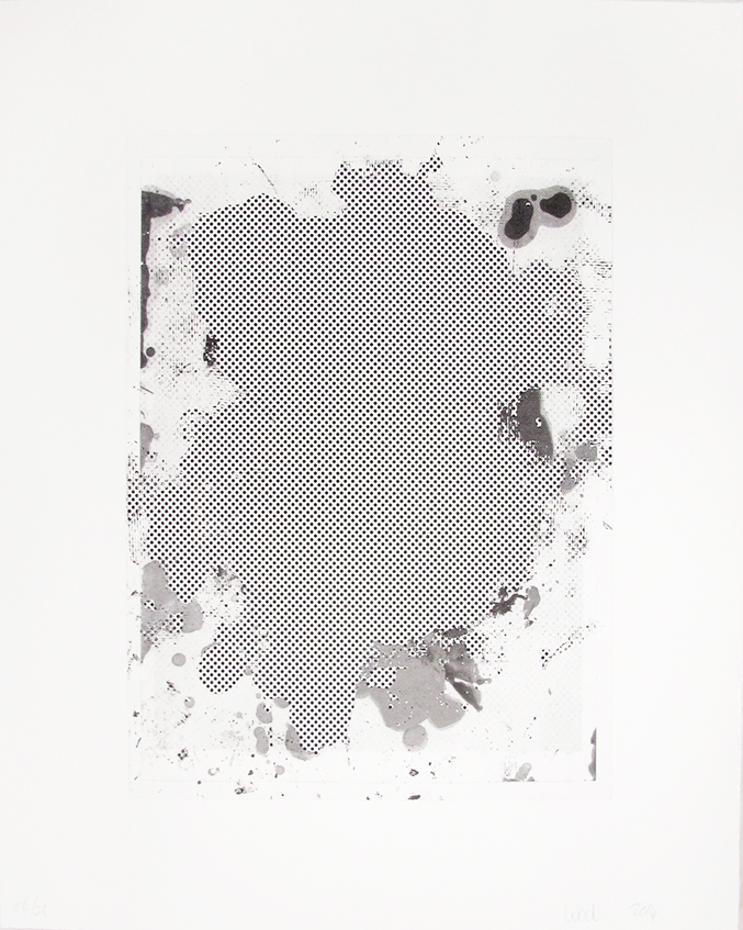 A black and white image of a piece of art on a white wall.