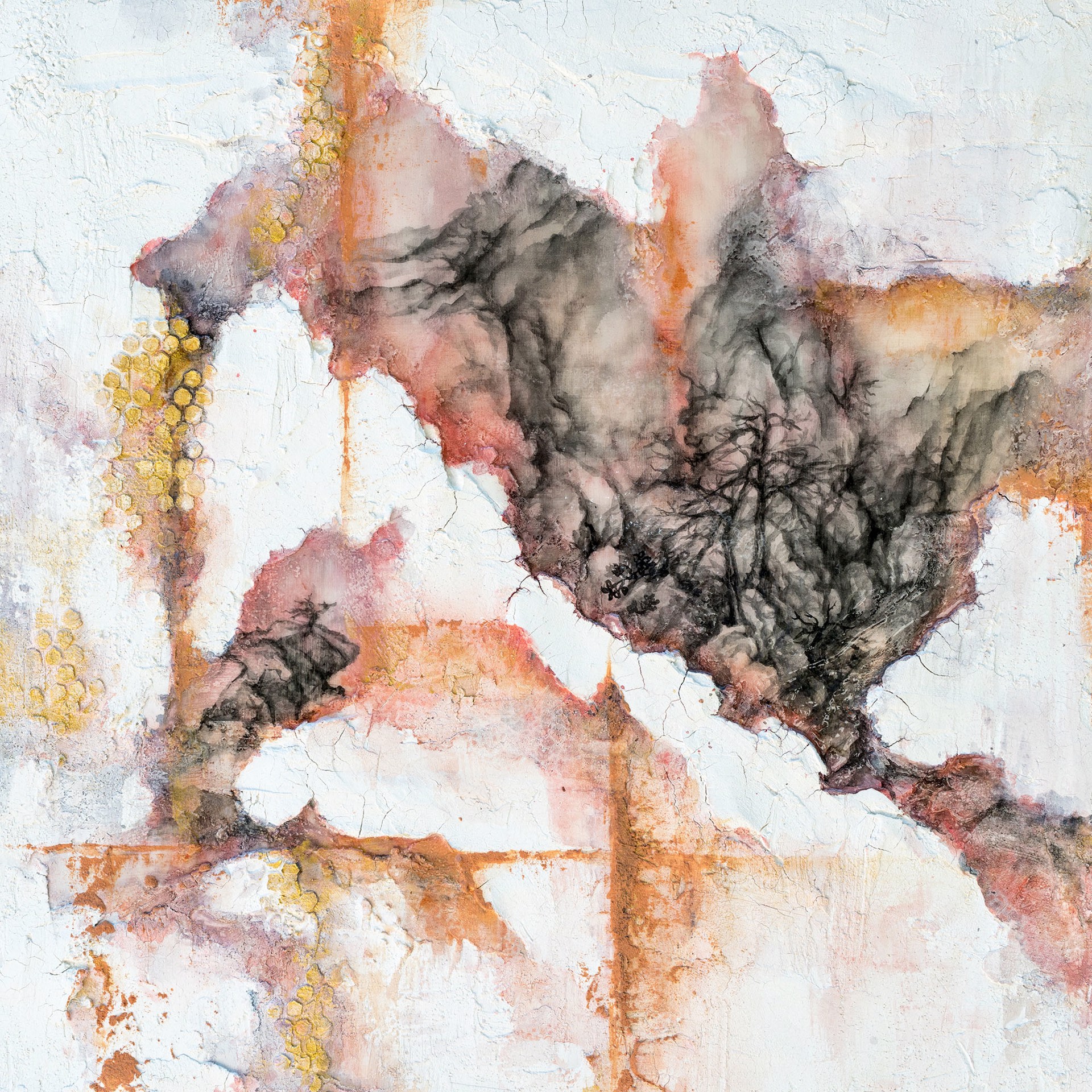 A painting of a bird flying over a white wall.