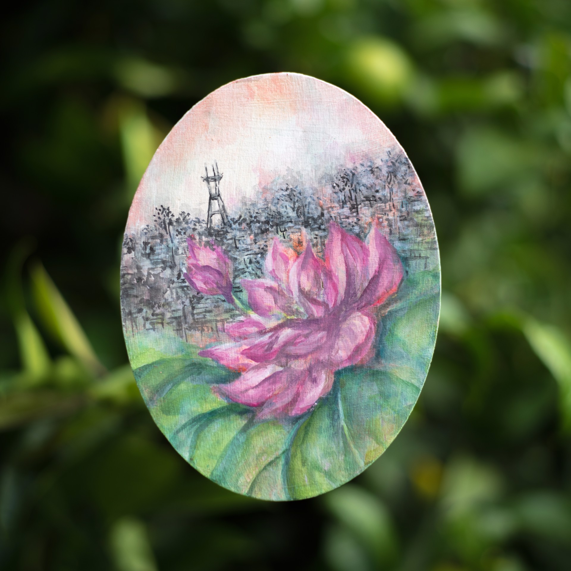 A painting of a pink flower on a green leaf.