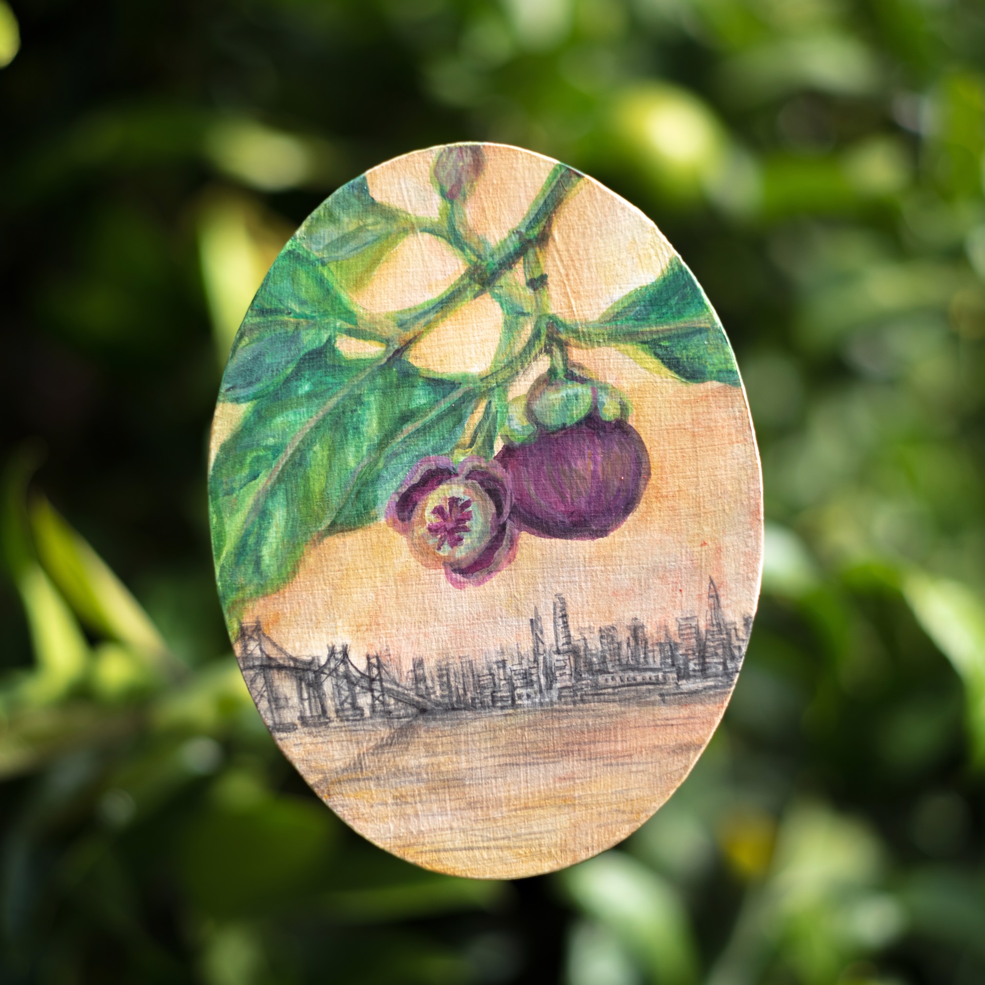 A botanical illustration of a purple flower with a city skyline in the background.
