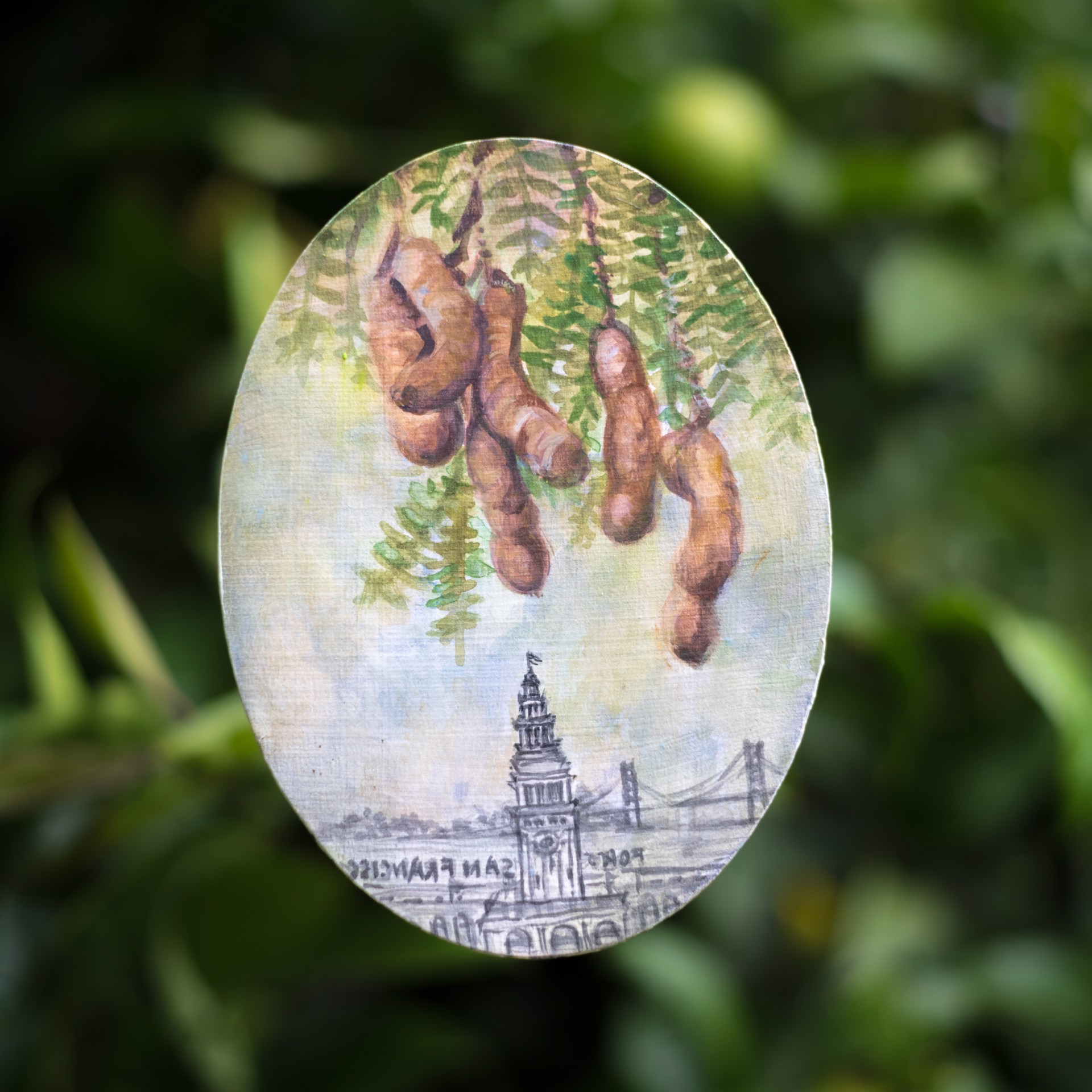 A botanical illustration of hanging pods above a city skyline.