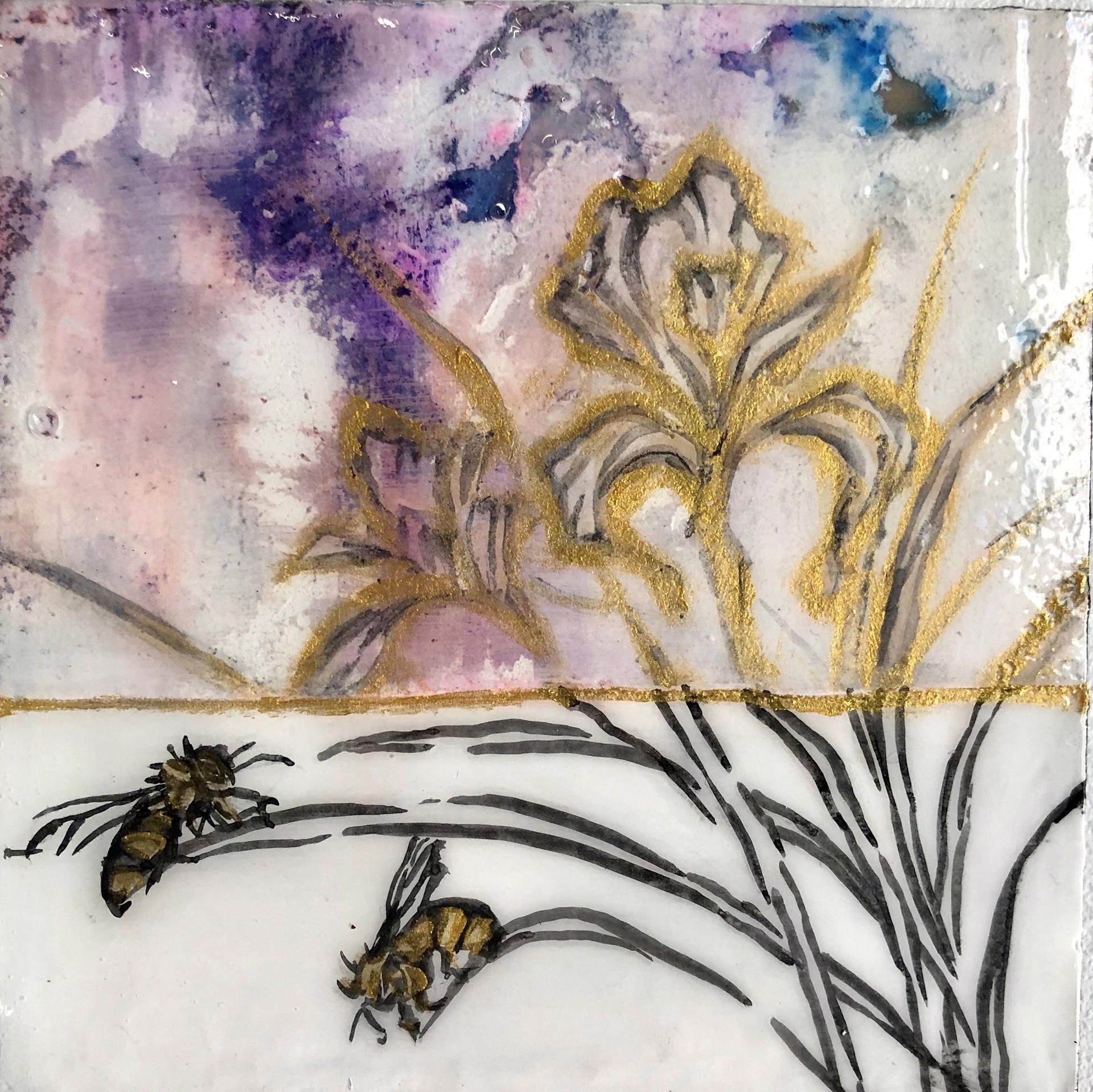 A painting of two bees on a purple and gold background.