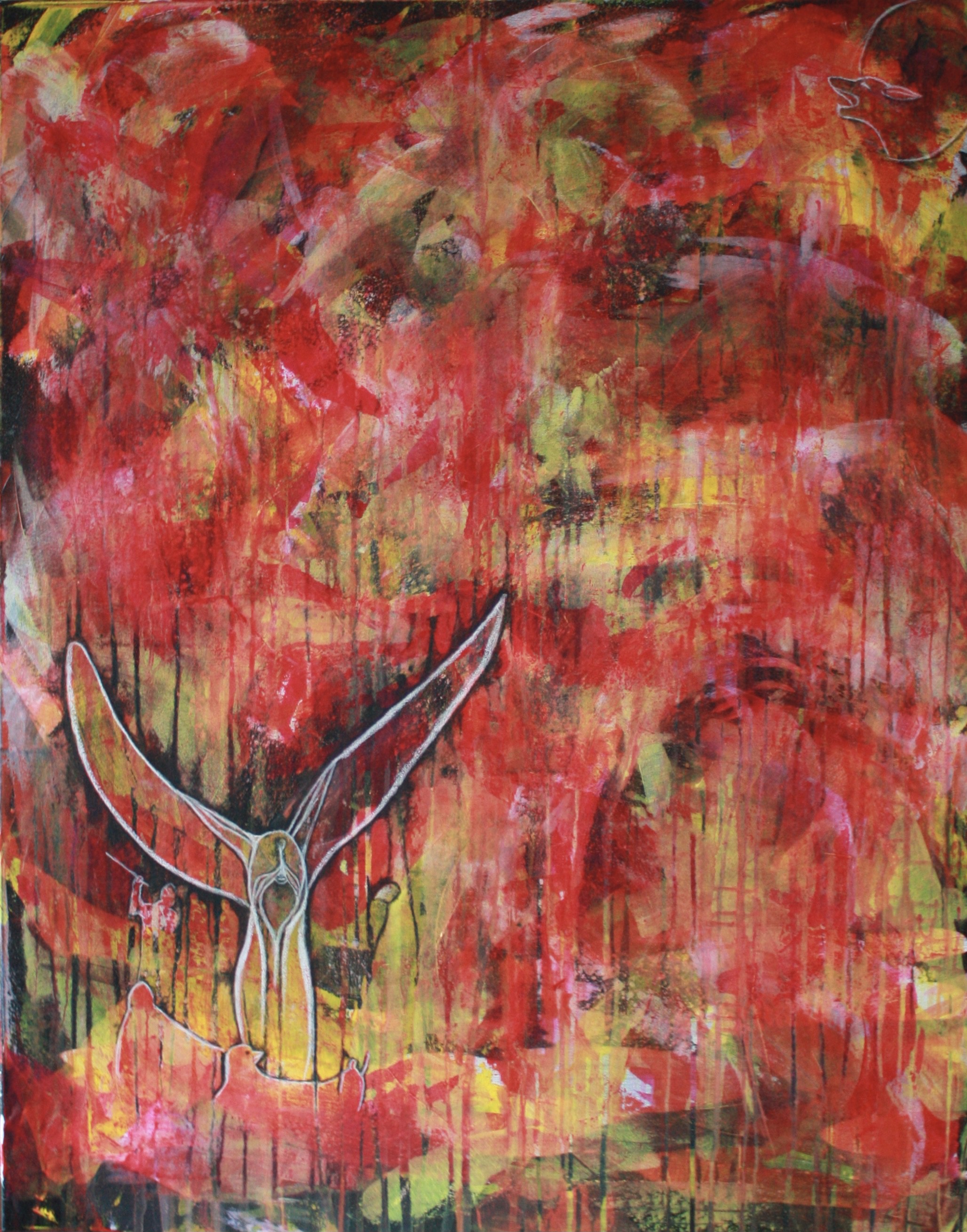 A painting of a bird flying over a red and yellow background.