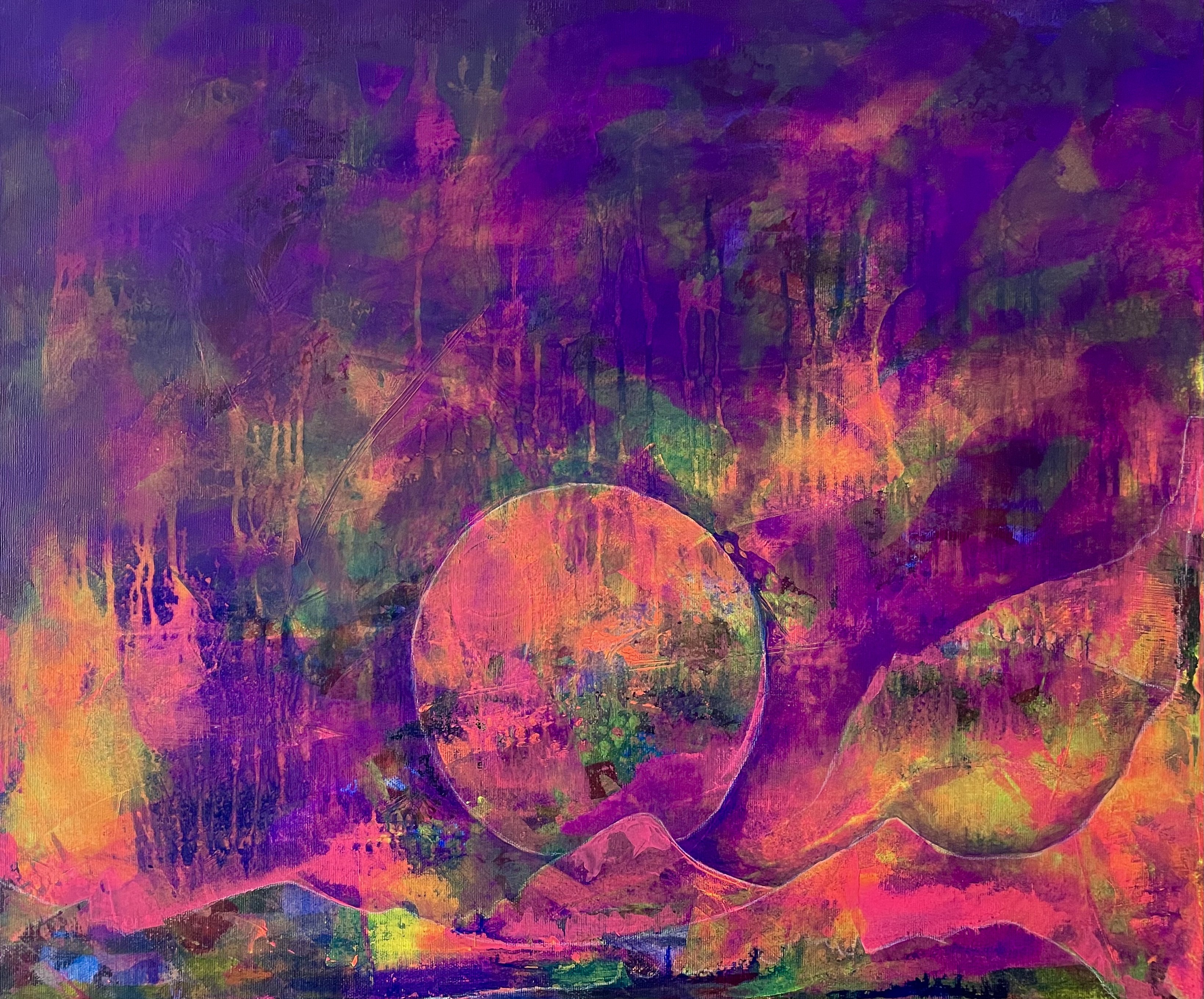 A painting of a colorful landscape with a circle in the middle.