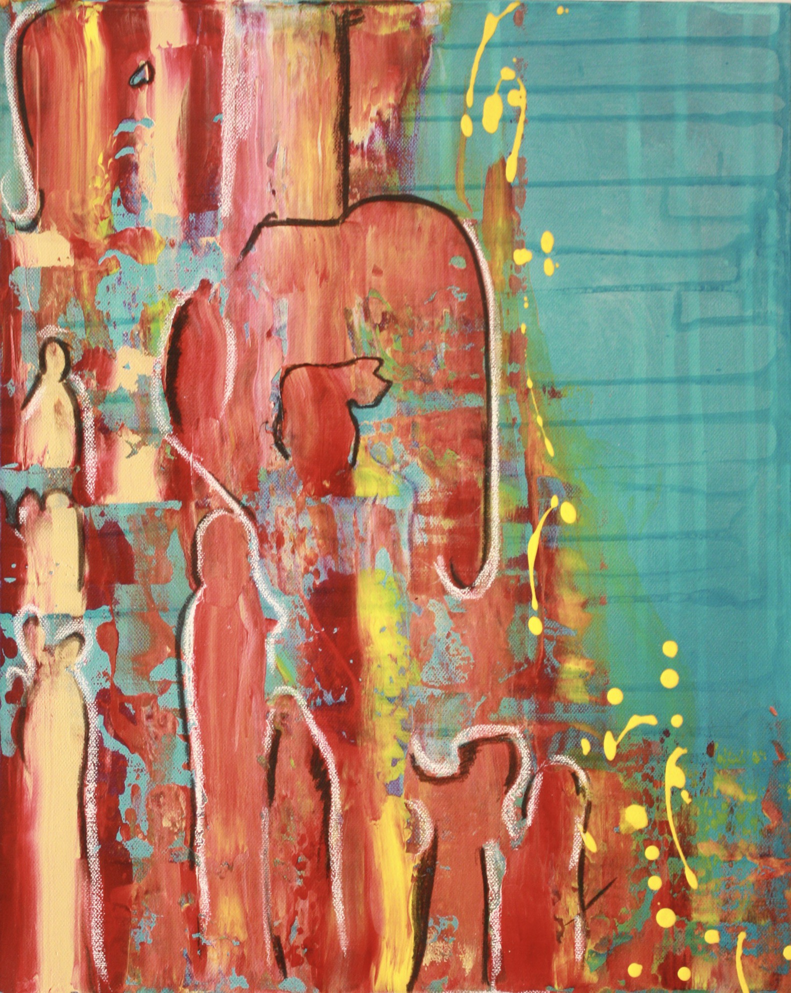 A painting of a group of people standing in front of a blue background.