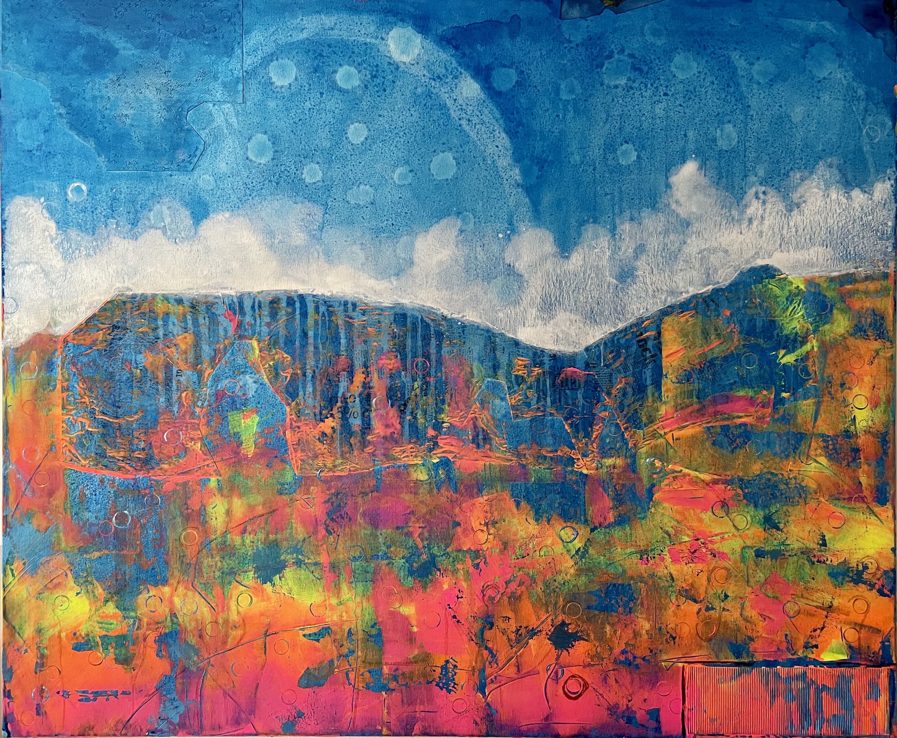 A painting of a landscape with mountains in the background.