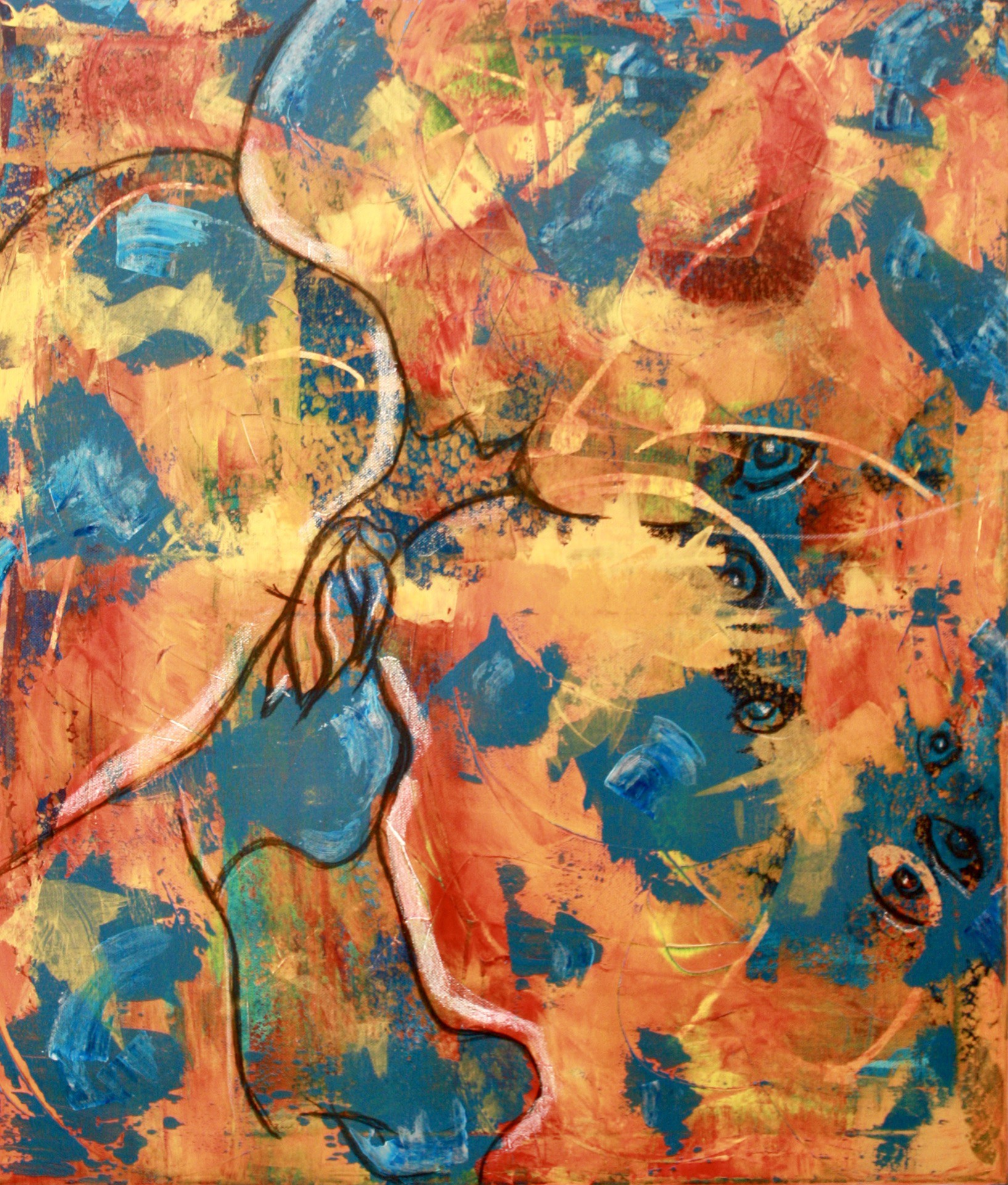 A painting of a woman's face on a colorful background.