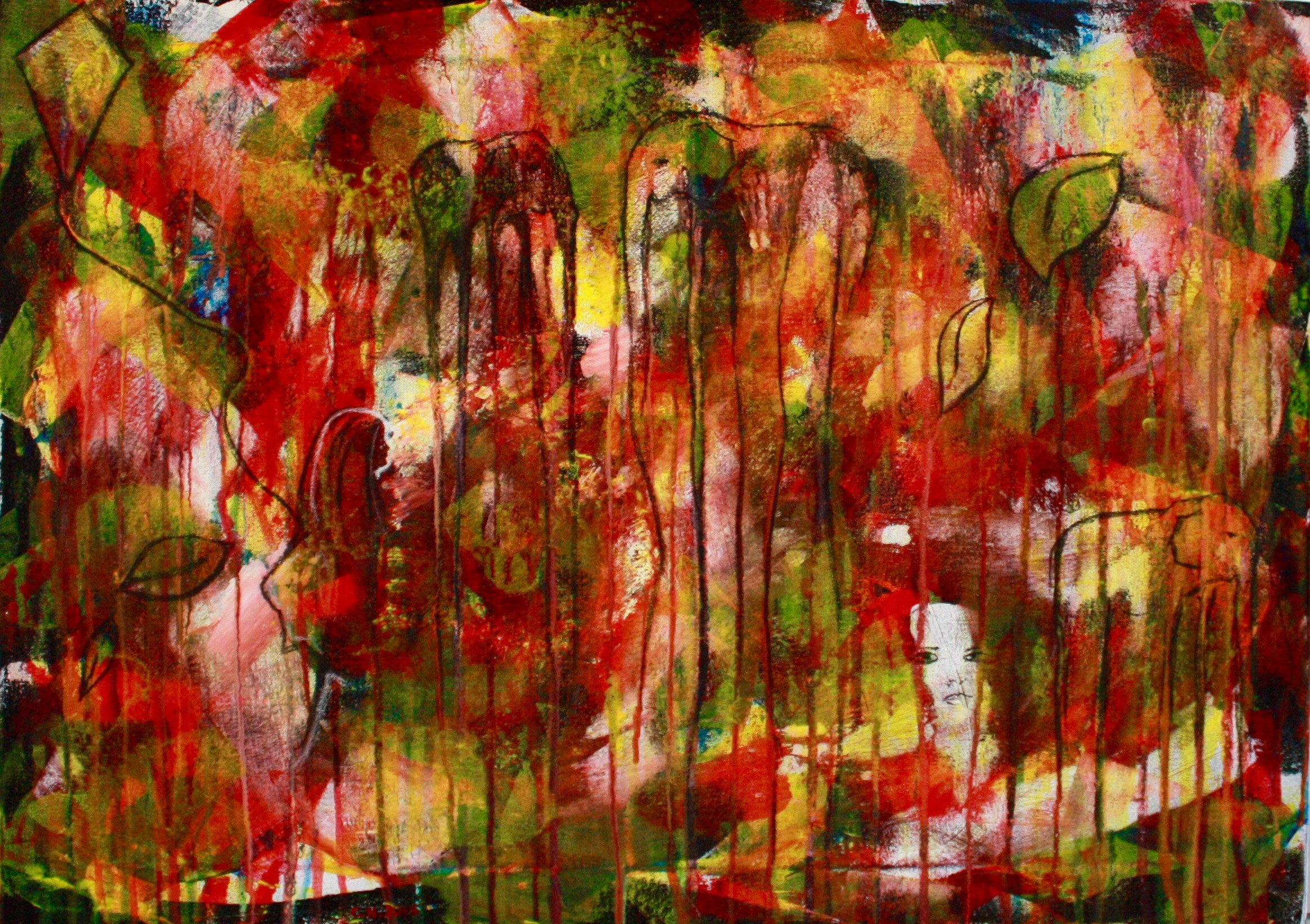 A painting of a woman in a red and green forest.