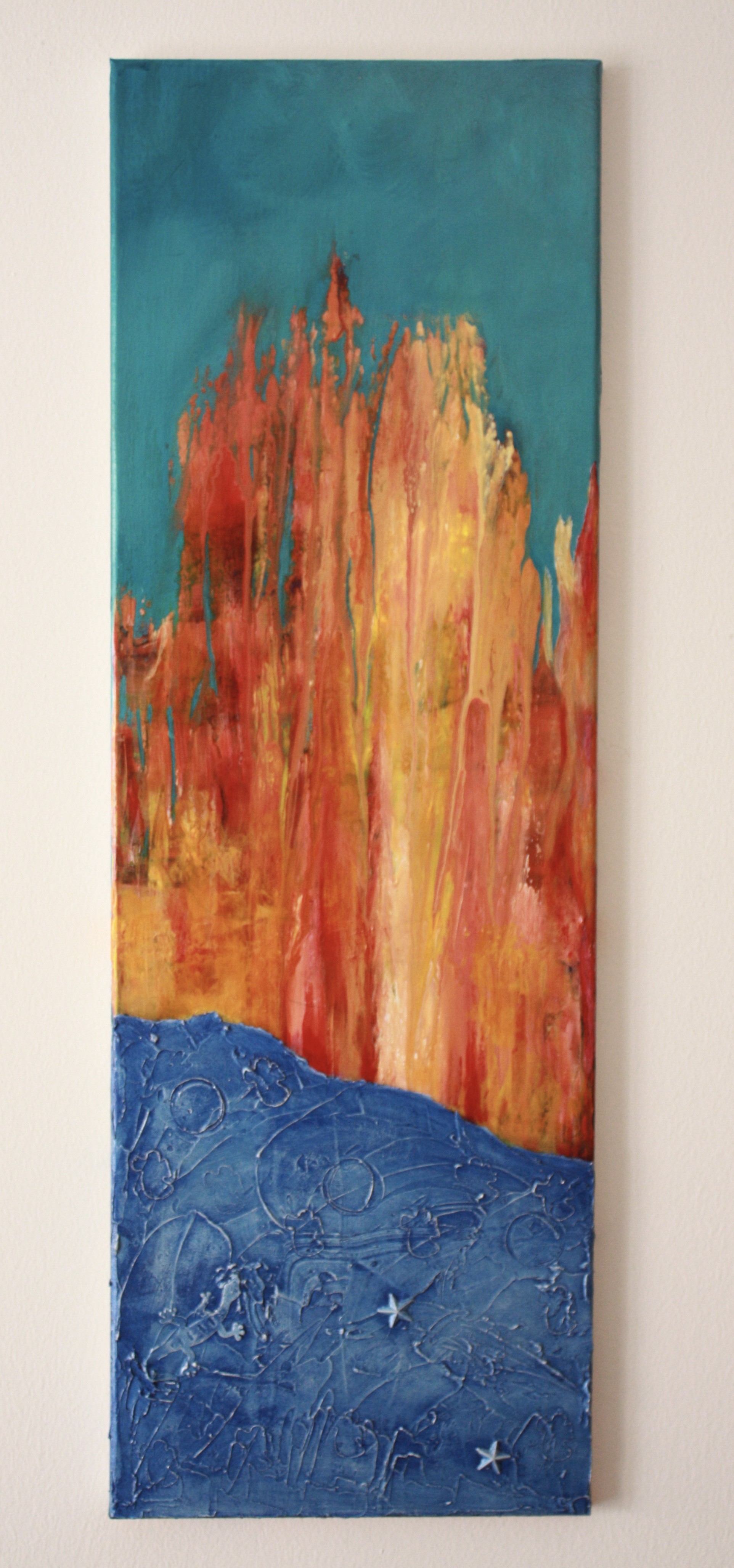 A painting hanging on a wall in a room.