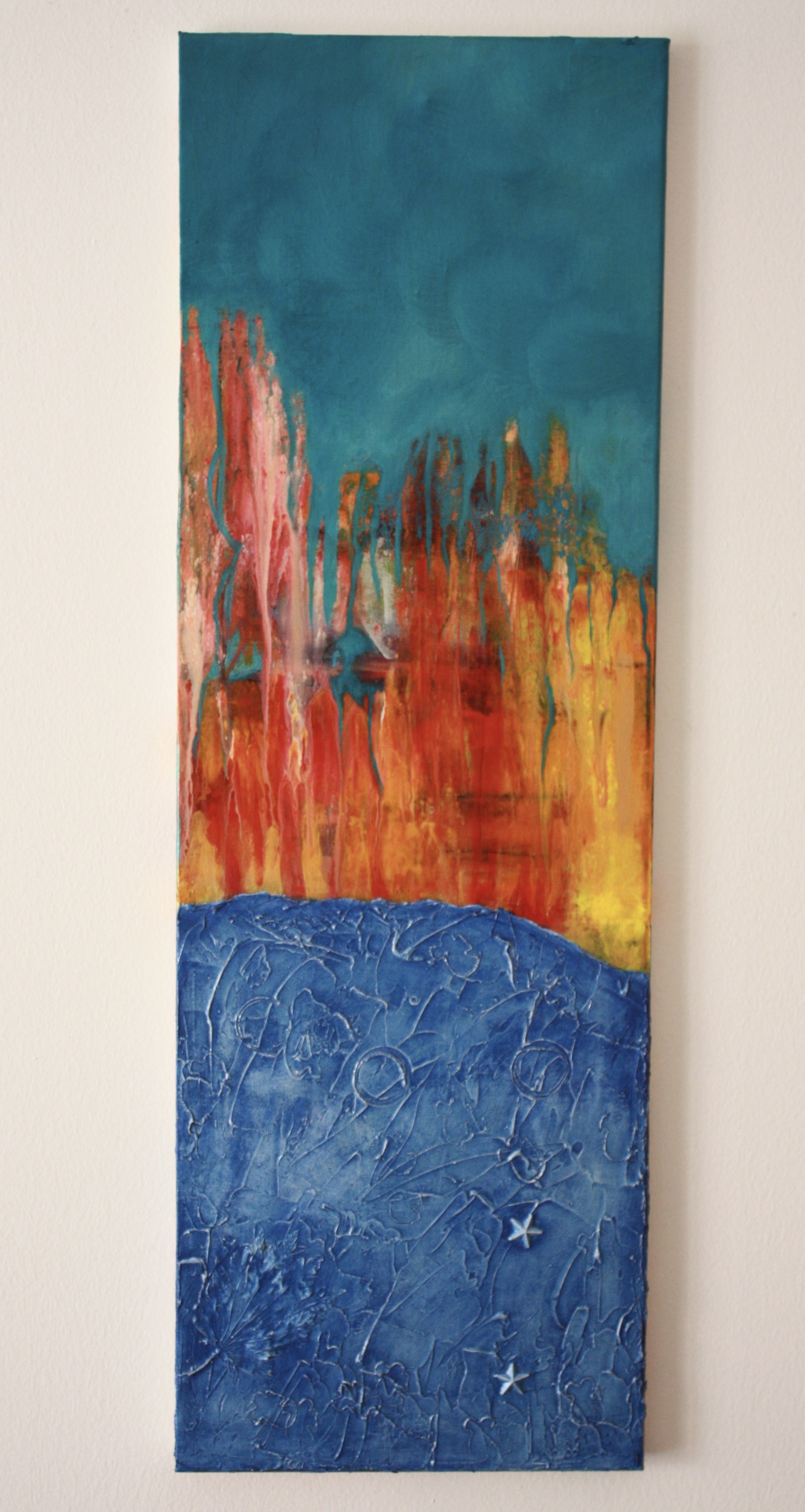 A painting hanging on a wall in a room.