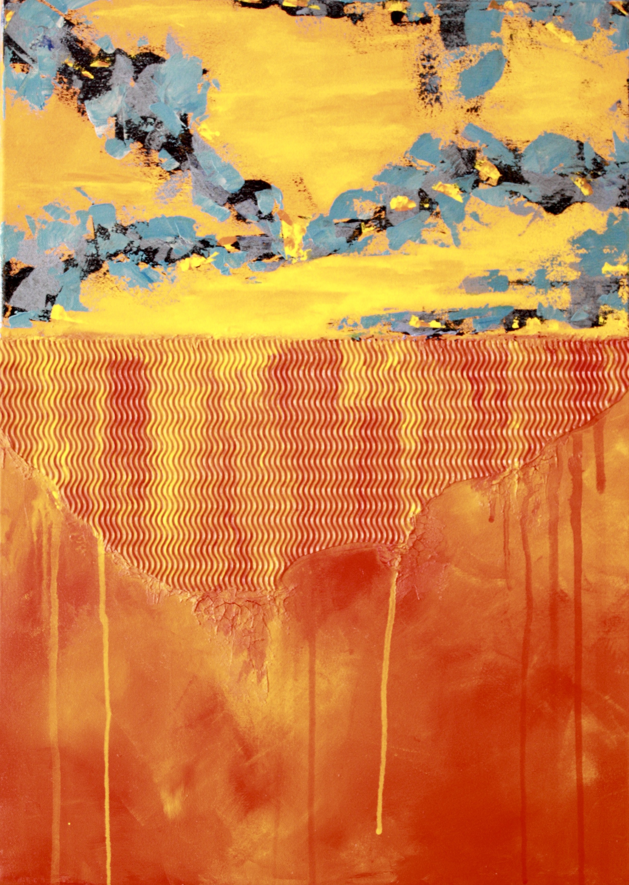 A painting of an orange and yellow landscape with a sunset in the background.
