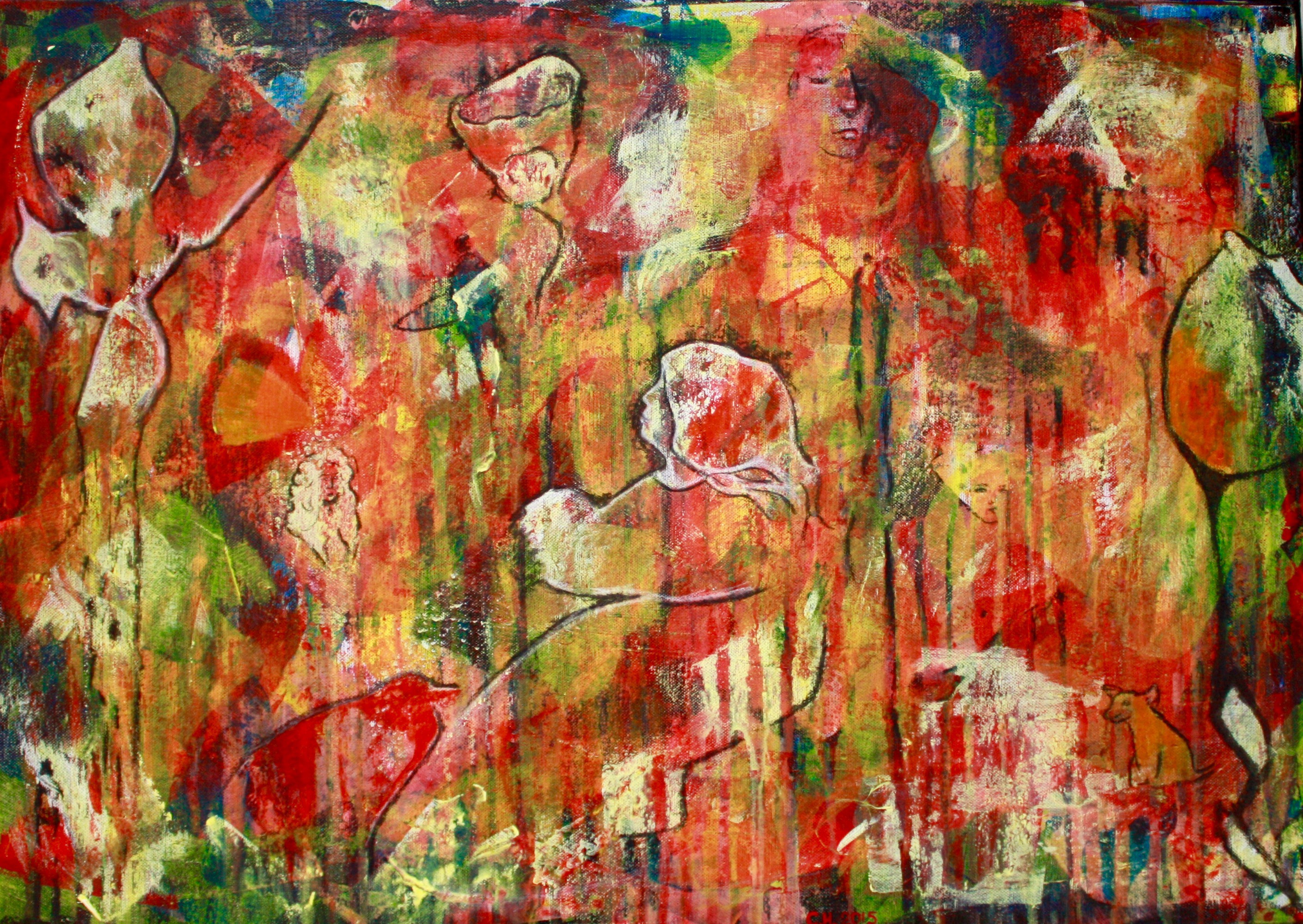 A painting of red and green flowers on a red background.