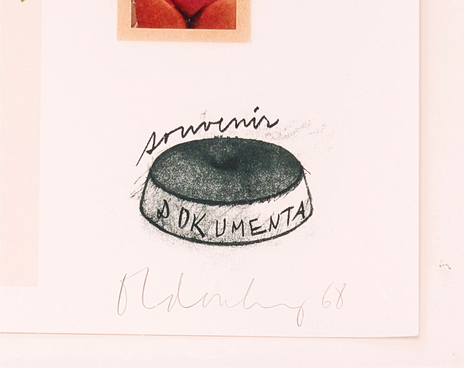 A mixed-media collage featuring geometric line drawings, a landscape sketch, and small photographic elements arranged on a white background.